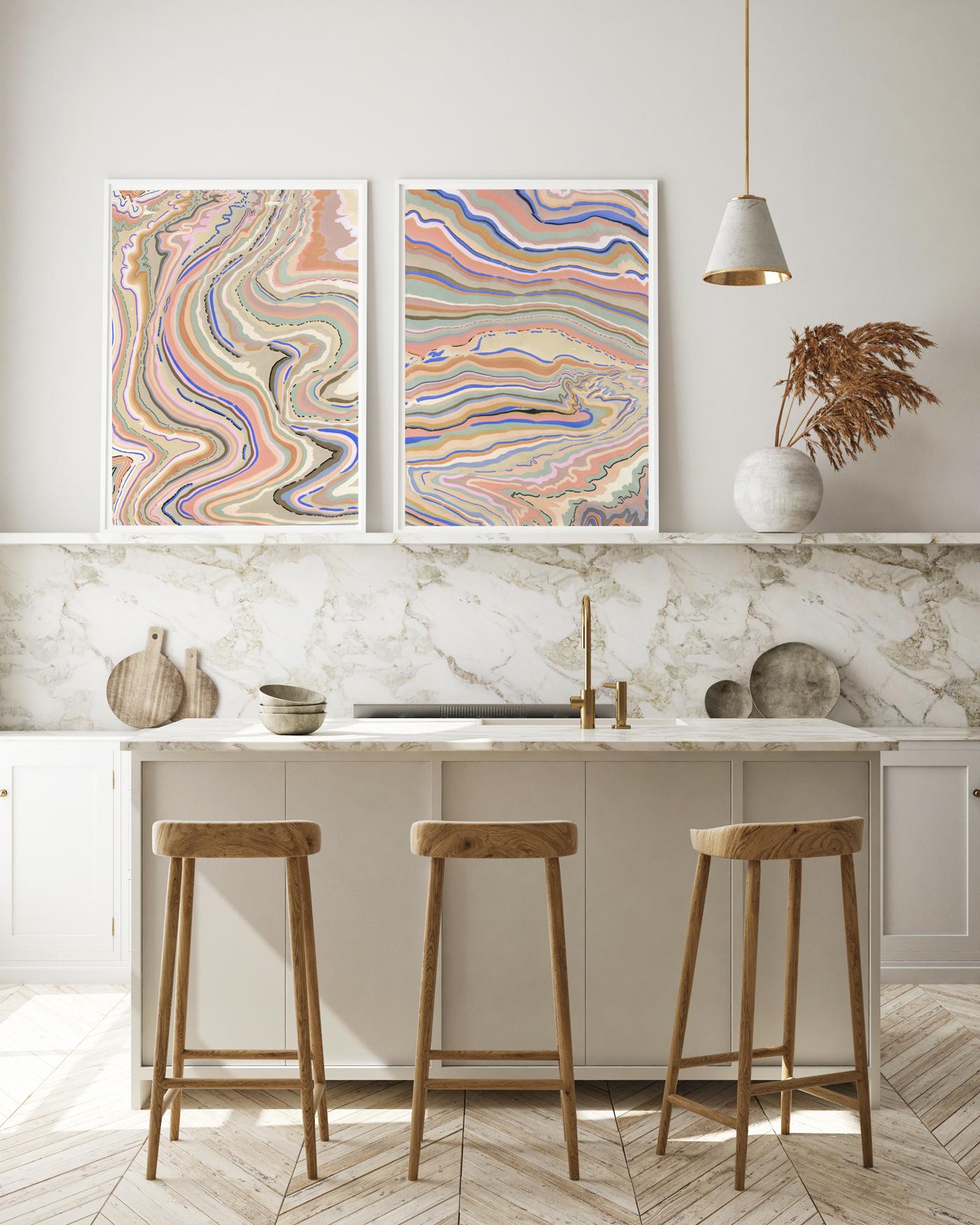 Danish artist Pernille Snedker’s unique marbling artwork—delicately weaving vibrant colored stripes into an intricate composition.
The piece harmoniously blends shades of blue with subtle hints of black, sand, lilac, light blue, salmon, and