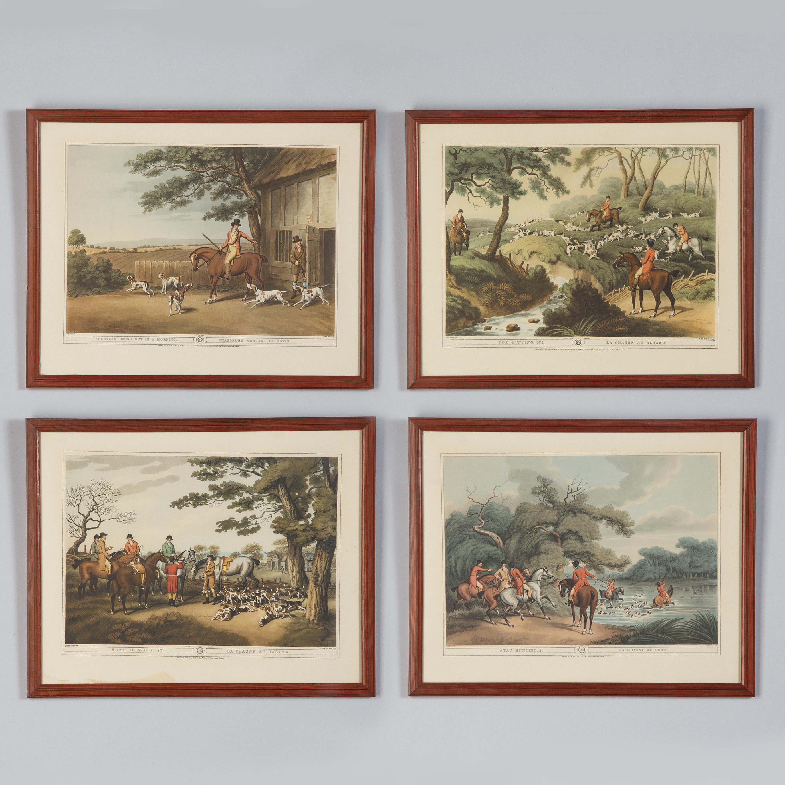 A set of four (4) engraving prints with mahogany frames representing early 1800s hunting scenes. They are titled 