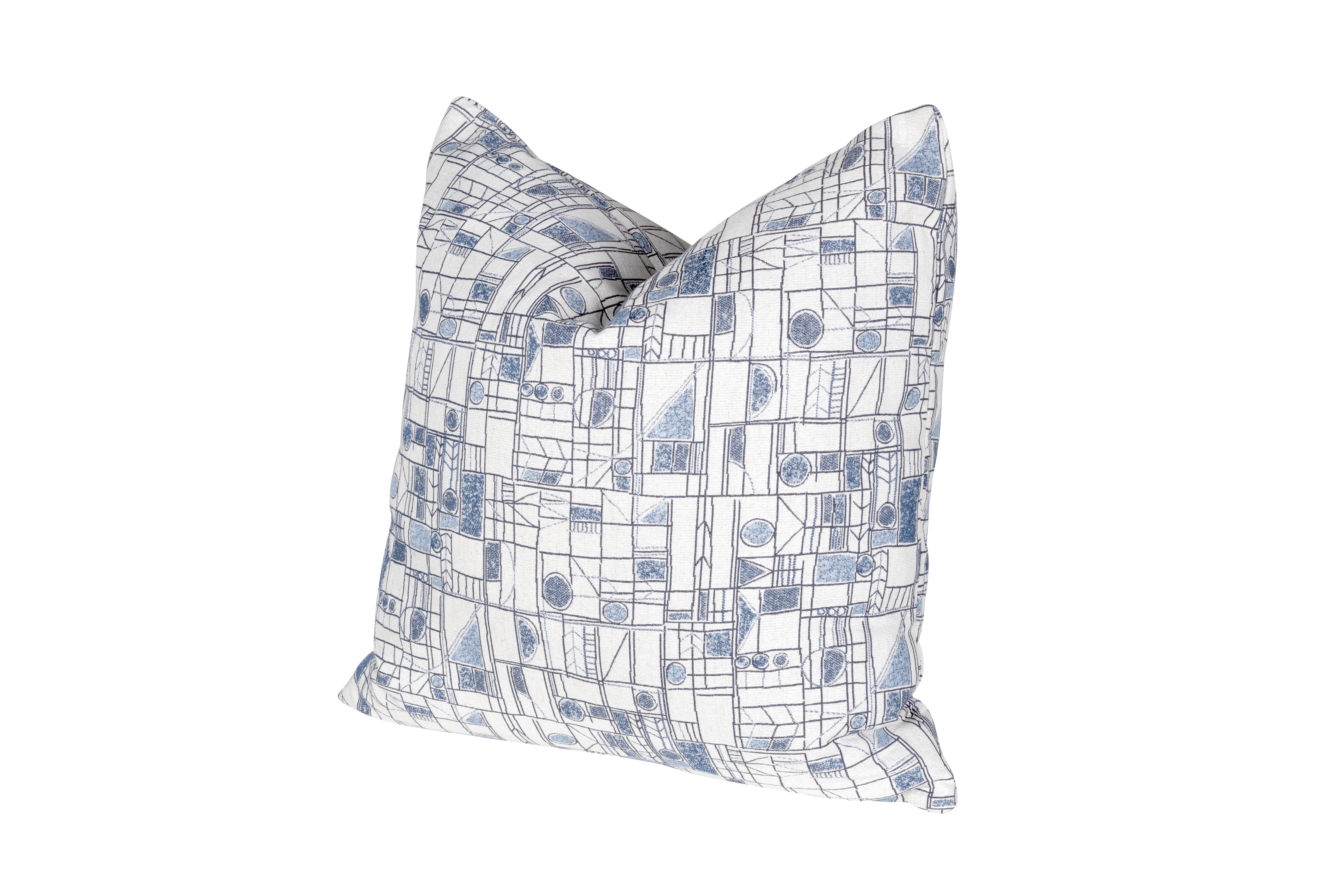 This pillow is the perfect accent to any room. The blue and white geometric print paired with sturdy fabric and down fill is ultra comfortable . Add a splash of personality to any space with this original pillow from Frameworks. This down filled