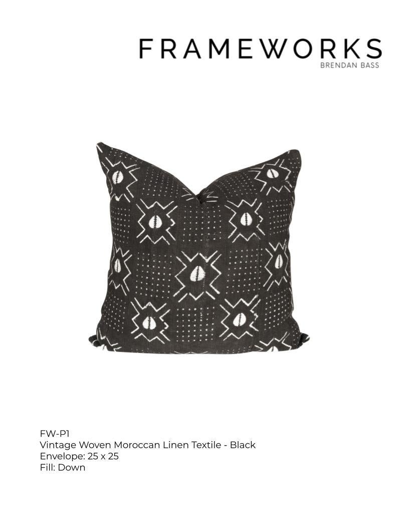 Frameworks, 25x25 Down Pillow, Vintage Moroccan Linen Black Textile For Sale 1