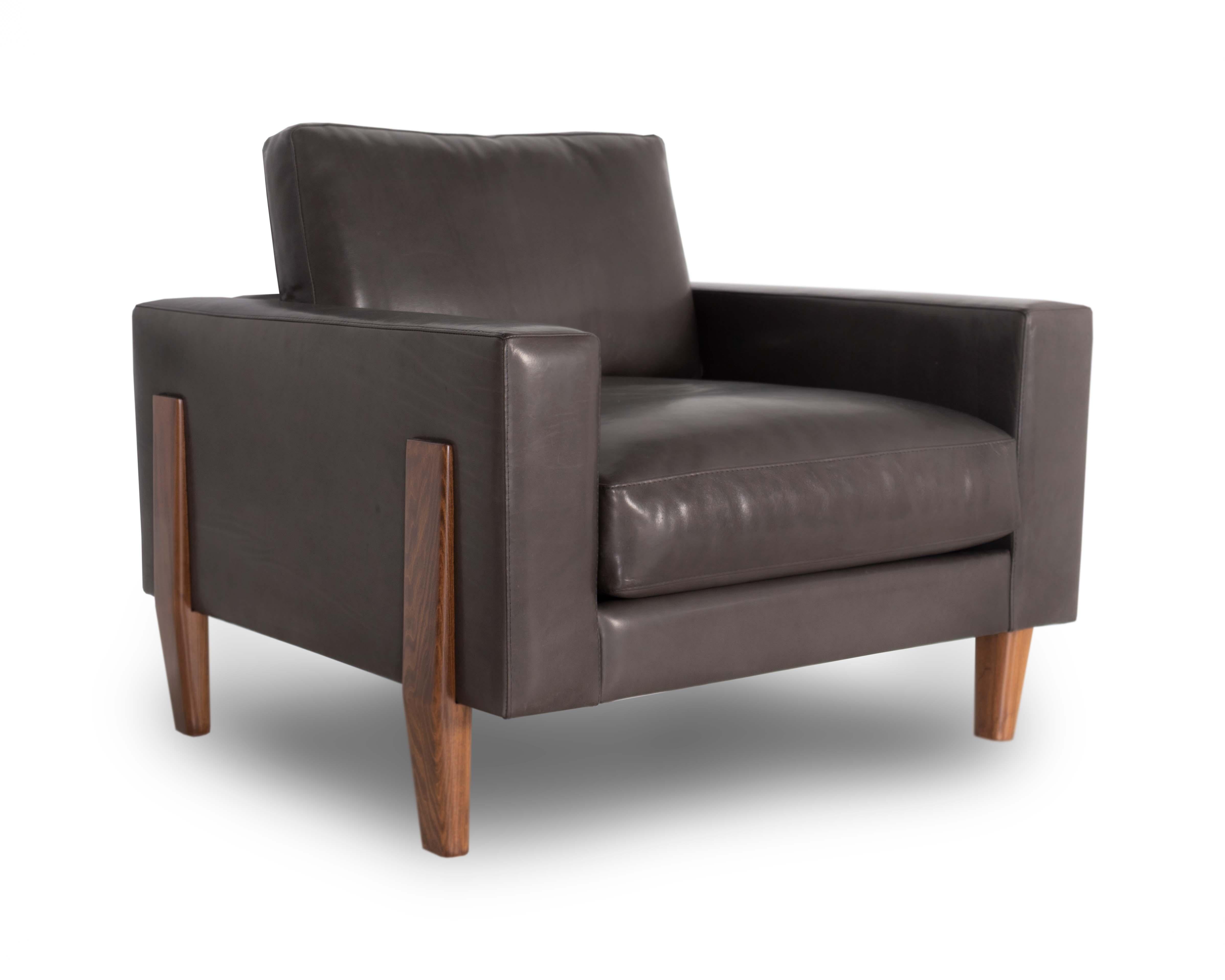 The Alpine high leg chair and sectional take inspiration from inspirational architecturally constructed wooden structures of Texas. The Alpine leg has contouring angles that start at the base, grow up, and taper nicely into the outside, finishing