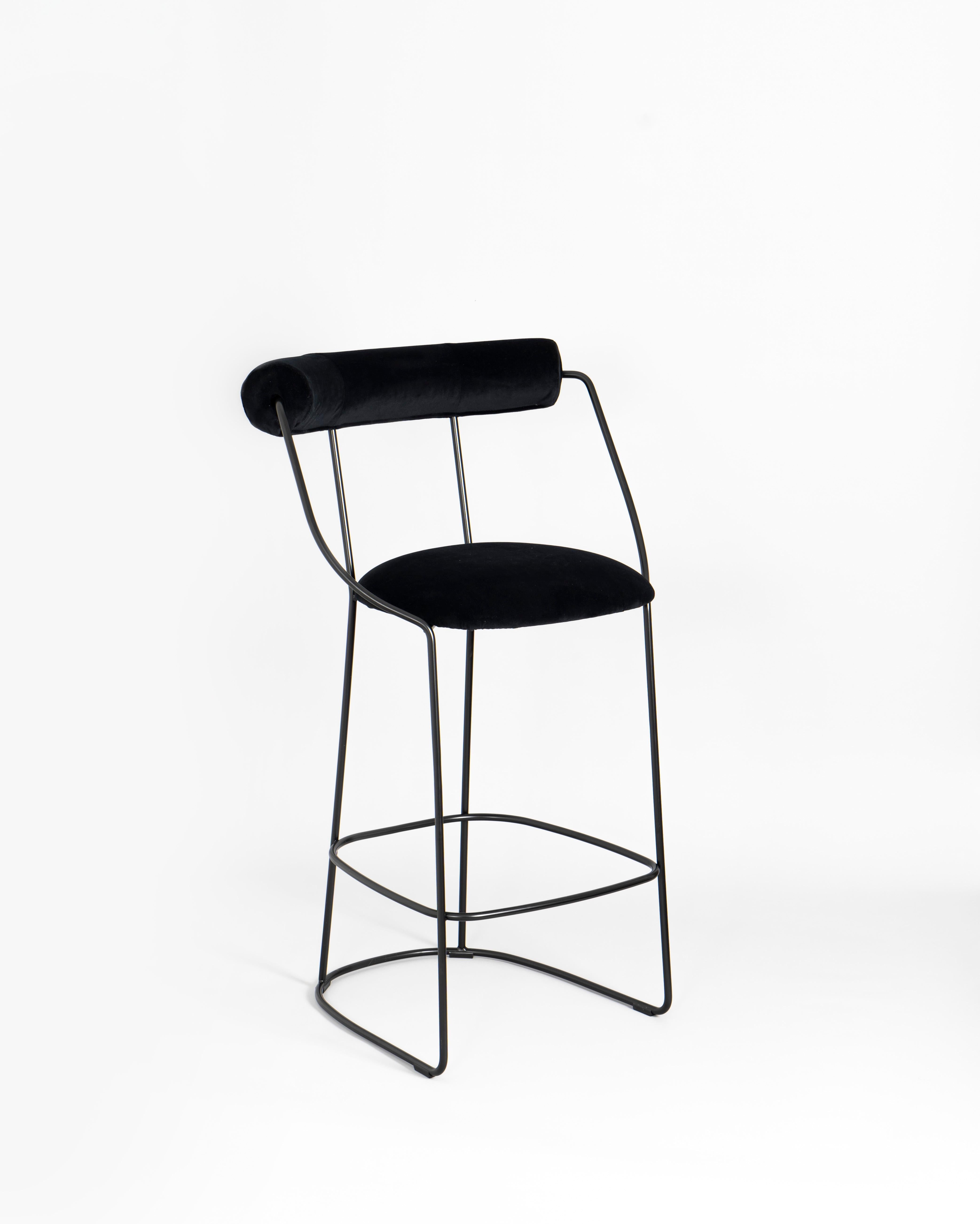 Fran Black Stool by LapiegaWD
Designed by Enrico Girotti.
Dimensions: D 51 x W 64 x H 110 cm.
Materials: Powder coated black metal and Bouclé or Velvet upholstery.

Available in different finishes and materials on request. Please contact us.

Based