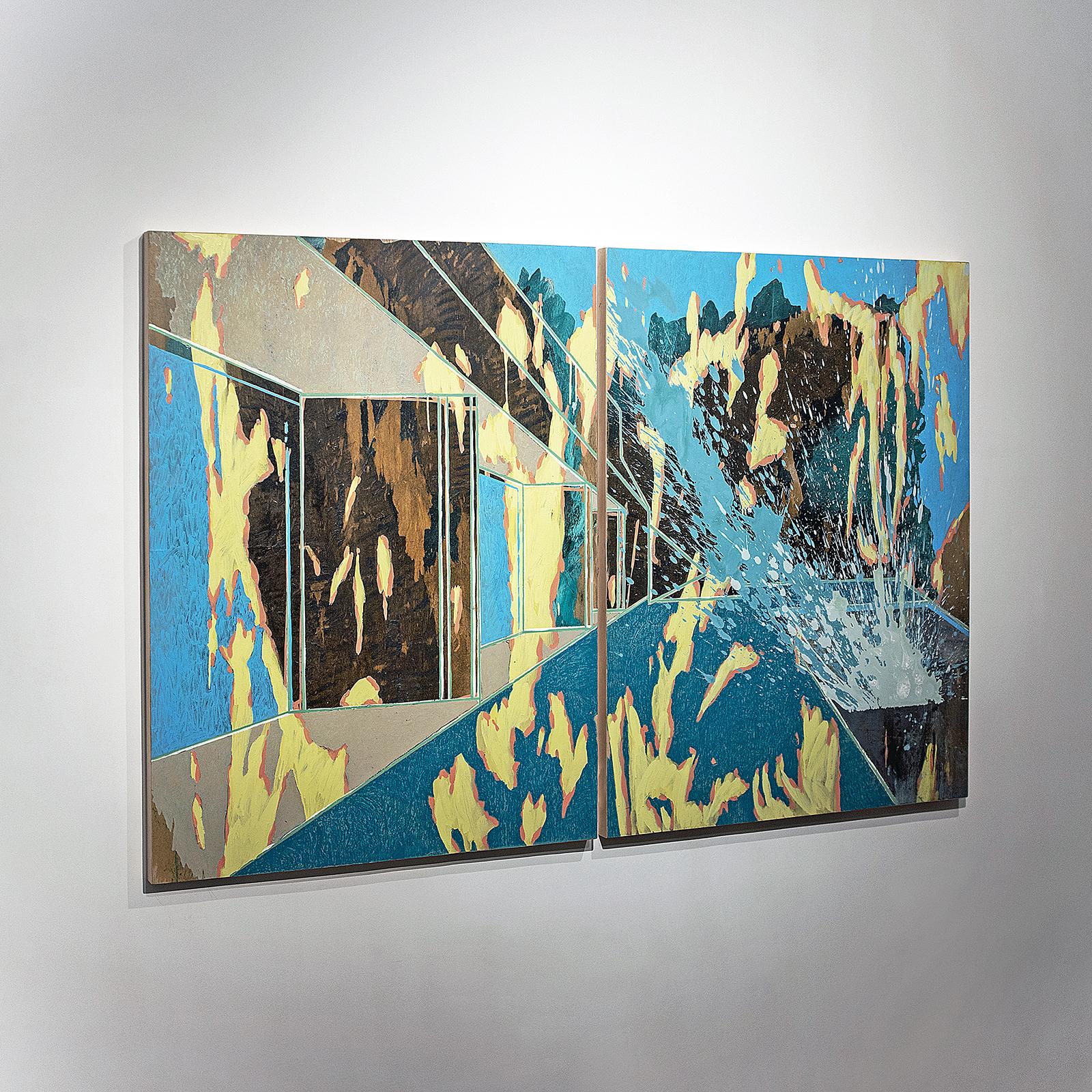 Paper, enamel, oil and graphite on board, diptych measuring 130 x 200 x 4 cm.