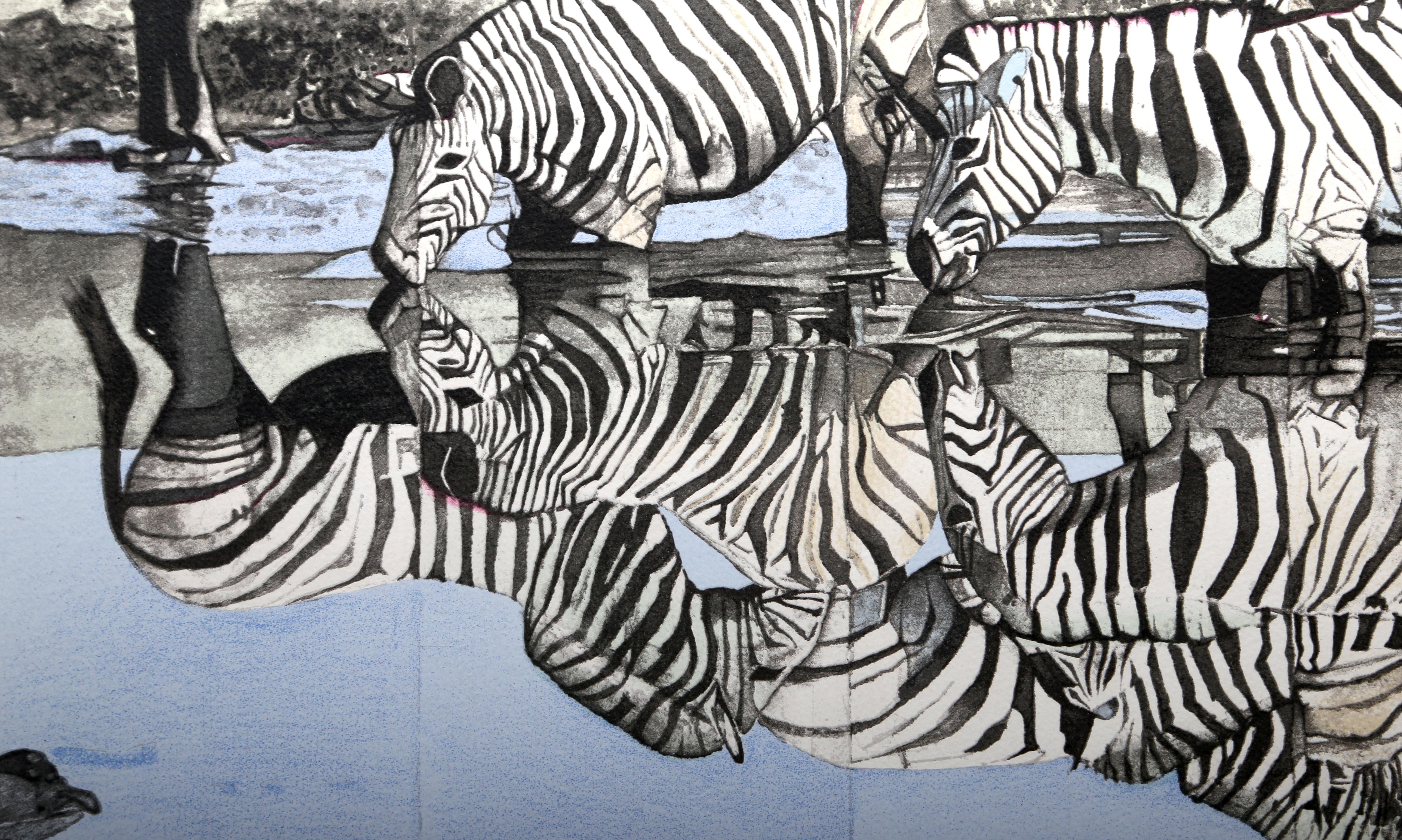 Zebras, fotorealistischer Siebdruck von Fran Bull im Angebot 1