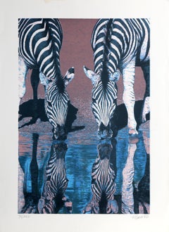 Zebras, Photorealist Screen Print by Fran Bull