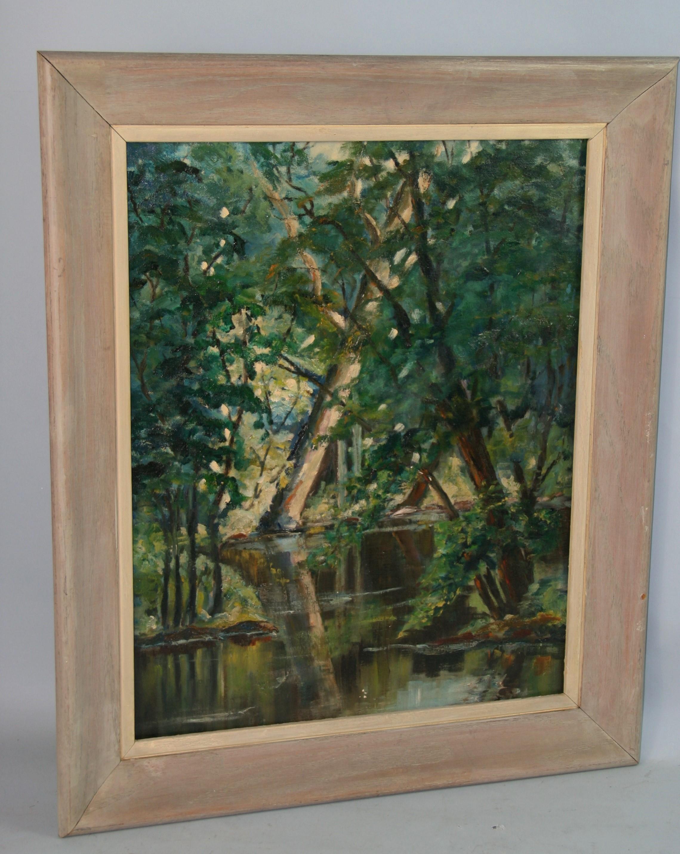 Fran Deschler Landscape Painting - Antique Female Artist  Landscape Oil Painting"Summer Stream"  1957