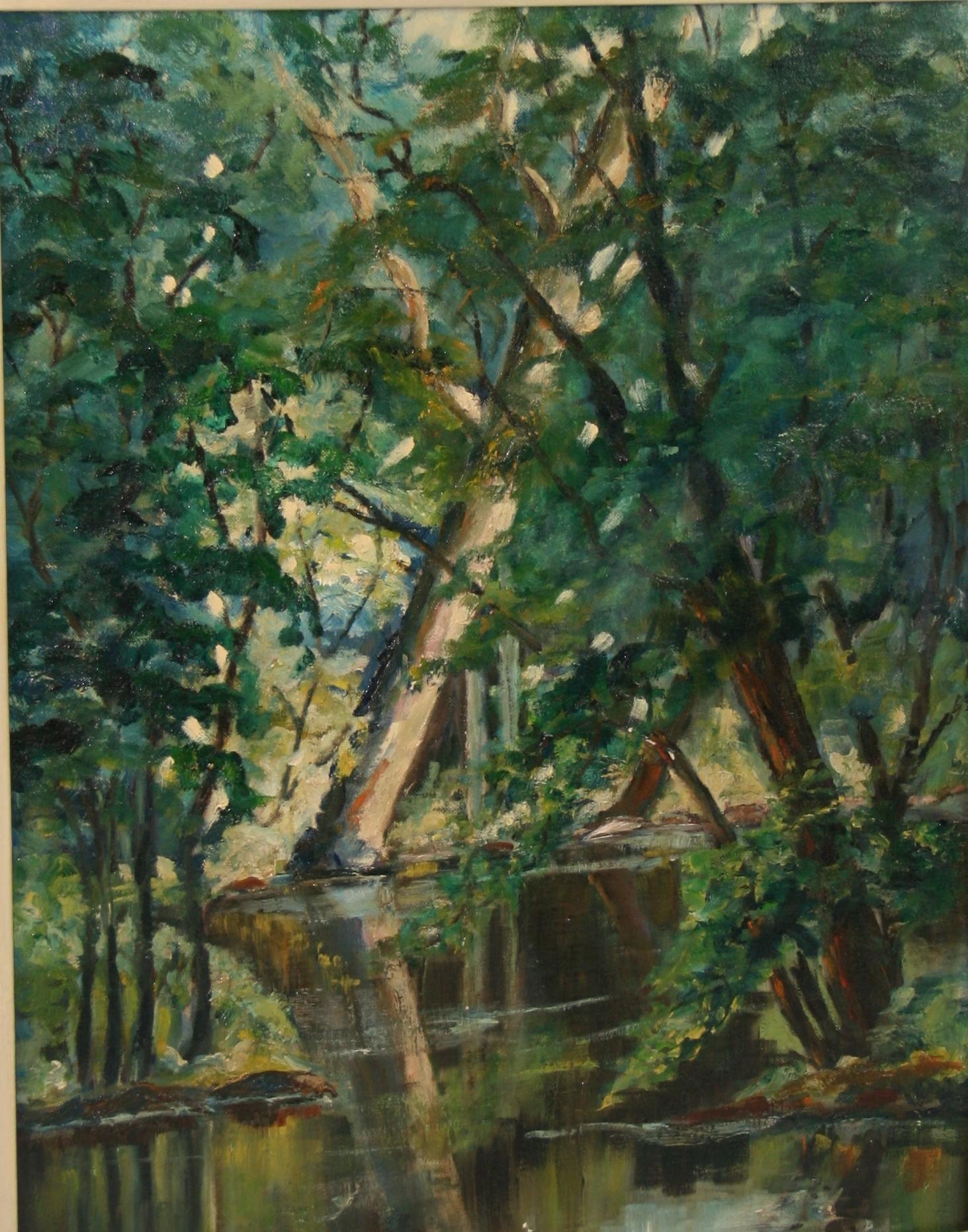Fran Deschler Landscape Painting - Antique Female Artist  Landscape Oil Painting"Summer Stream"  1957