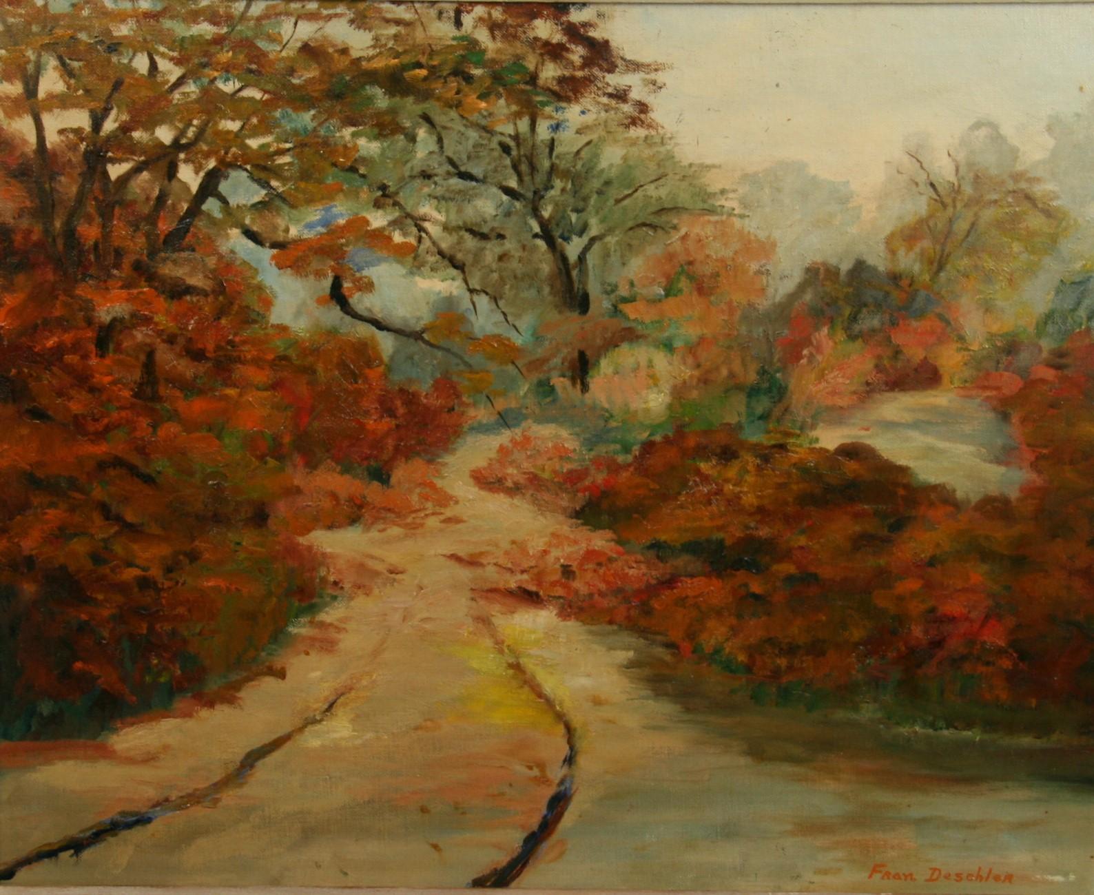 Antiguo  Paisaje sinuoso al óleo 1957 - Painting de Fran Deschler