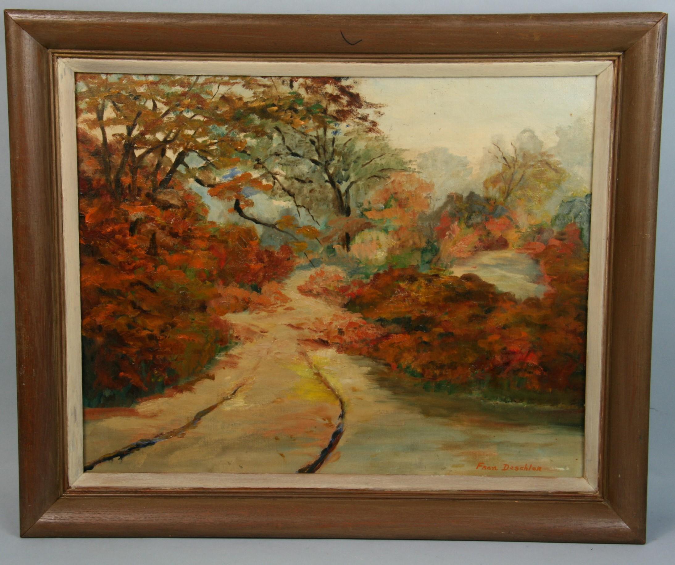 Antiguo  Paisaje sinuoso al óleo 1957 - Landscape Painting Marrón de Fran Deschler