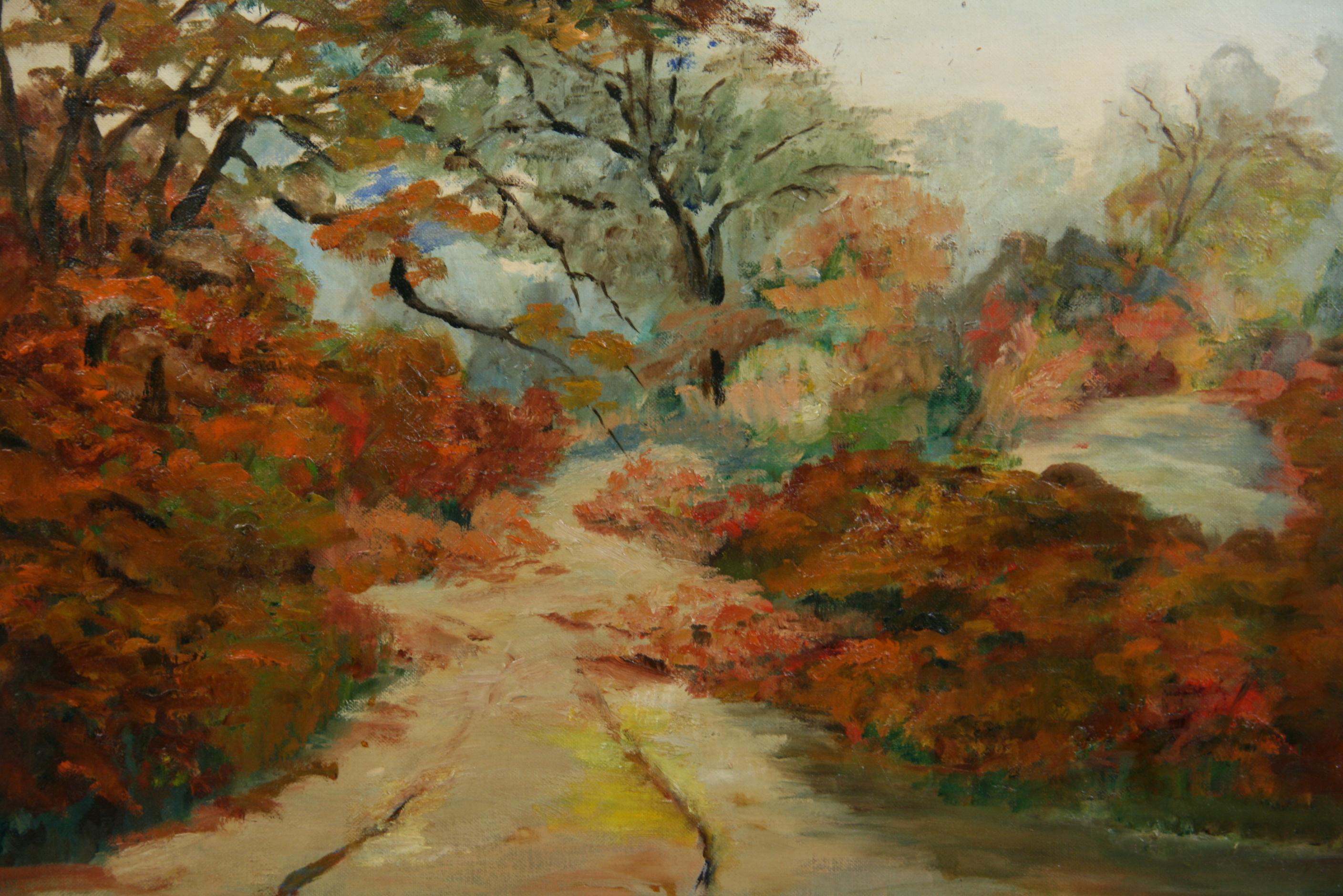 Antique  Winding Road Landscape Oil Painting 1957 For Sale 2