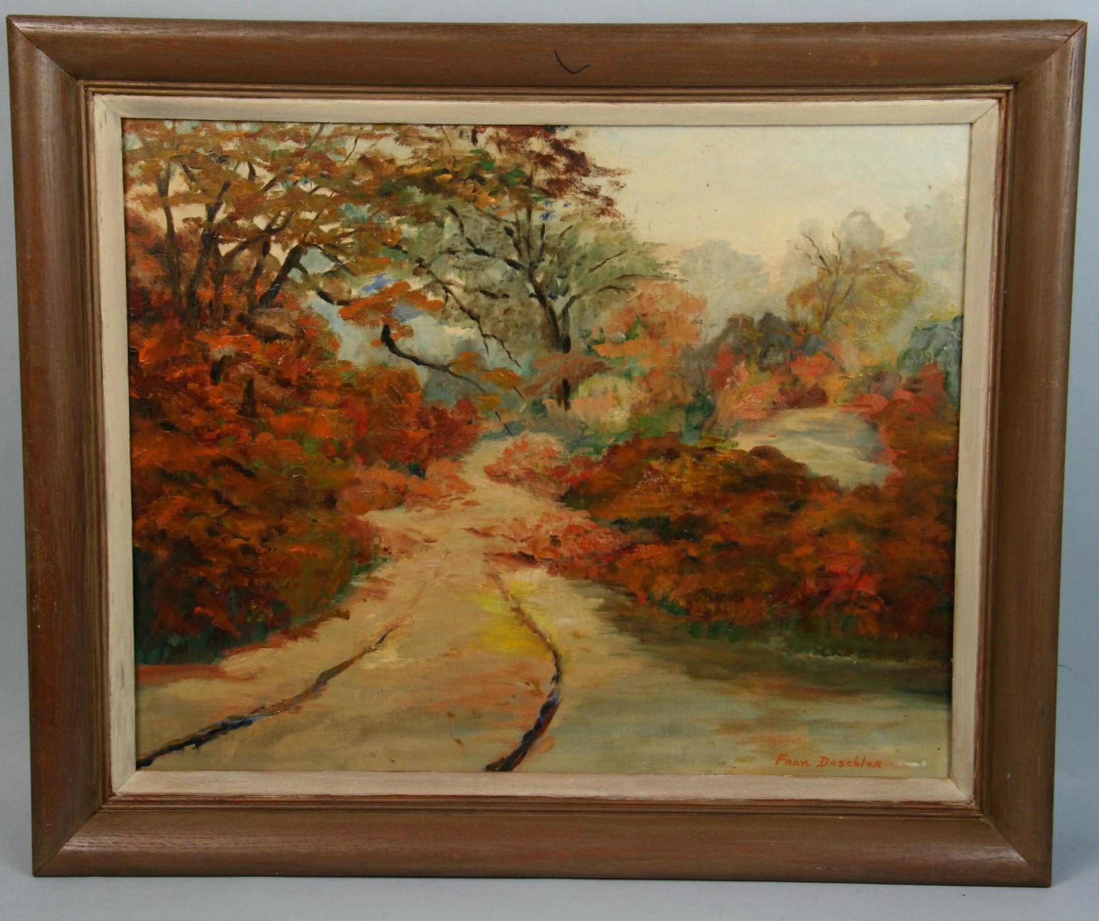 Fran Deschler Landscape Painting - Antique  Winding Road Landscape Oil Painting 1957