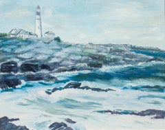 Charmante peinture de phare de bord de mer par l'artiste de Long Island Fran Dinhofer