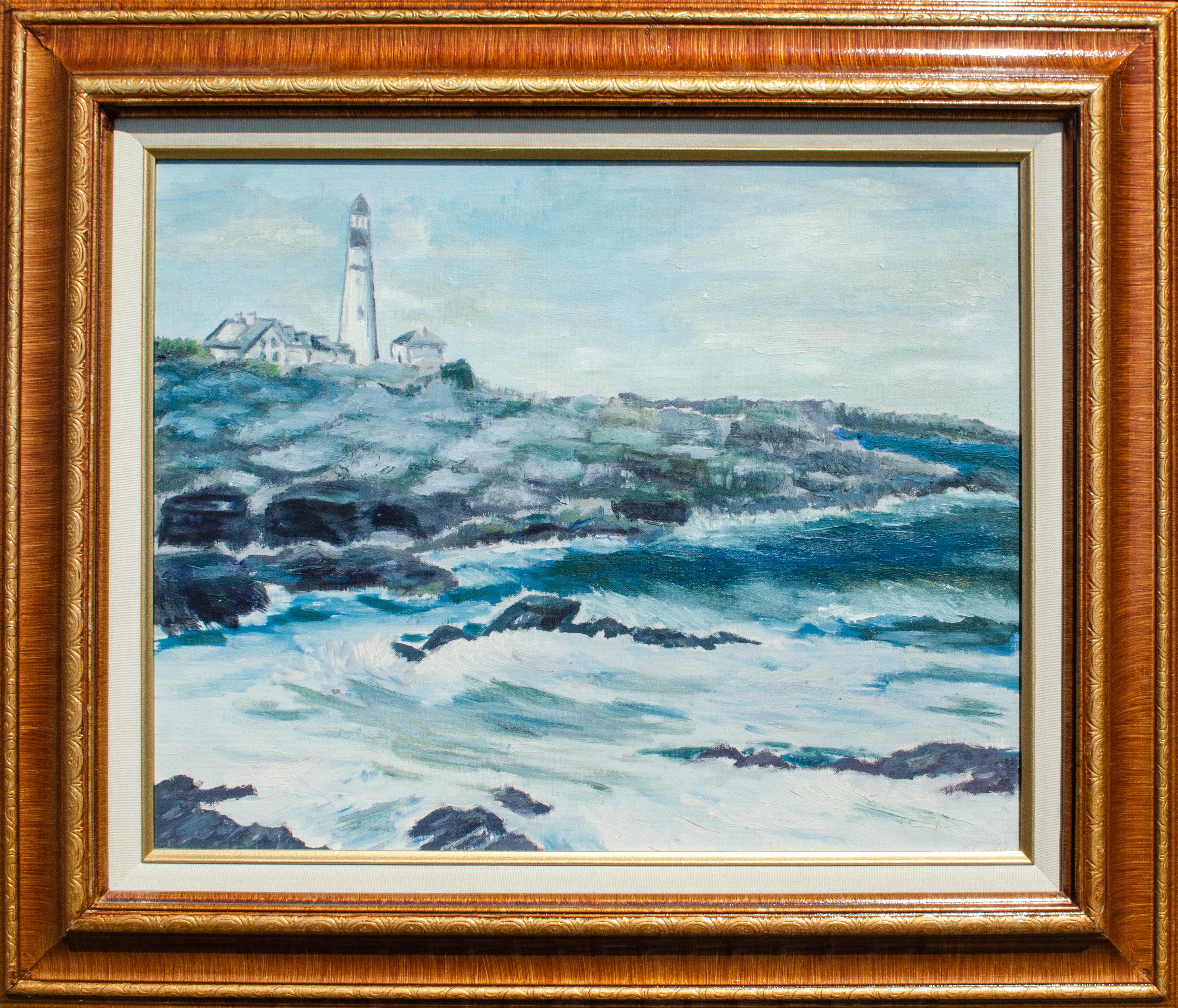 Fran Dinhofer 
Untitled (Seaside Lighthouse), c. Late 20th century
Oil on artist board
16 x 20 in.
Framed: 23 x 27 x 1 1/2 in.
Signed lower right, inscribed verso

This painting was created by a female Jewish artist based in Jericho, Long Island. 