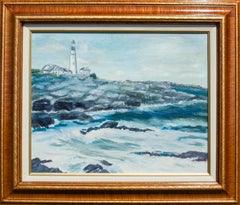 Charmante peinture de phare de bord de mer par l'artiste de Long Island Fran Dinhofer