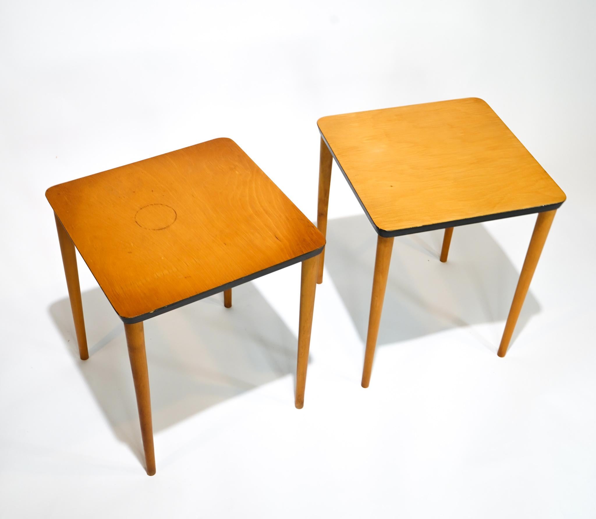 Fran Hosken wood side tables. A rare set of vintage Francis Hosken stackable side tables in all original condition. The wooden tapered legs screw in, making the tables easy to store and transport.