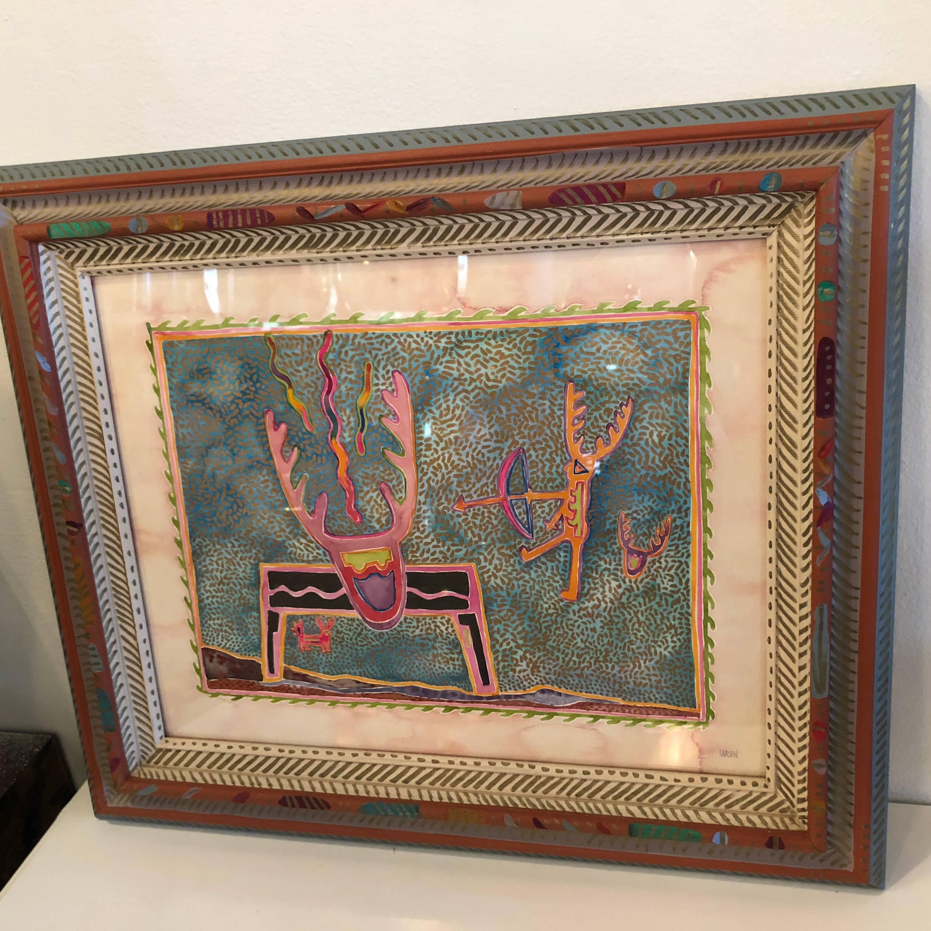 Late 20th Century Fran Larsen Signed Southwestern Art Watercolor Painting and Frame For Sale