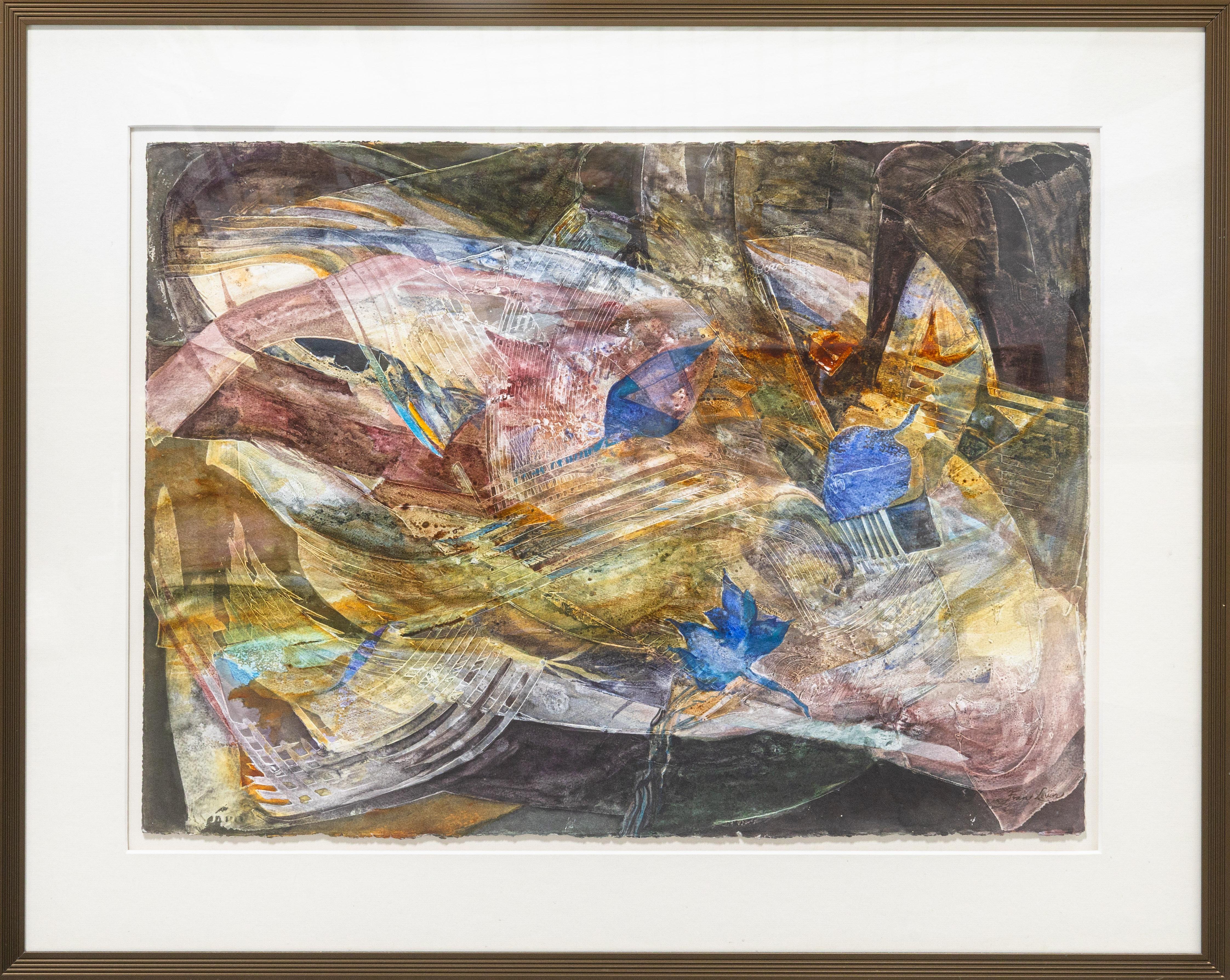 Eine moderne Aquarellcollage auf Papier der Künstlerin Fran Levin aus Michigan. Ca. 1980er Jahre Rechts unten mit Bleistift handsigniert. Aus einer privaten Sammlung. Abmessungen: 31,5 