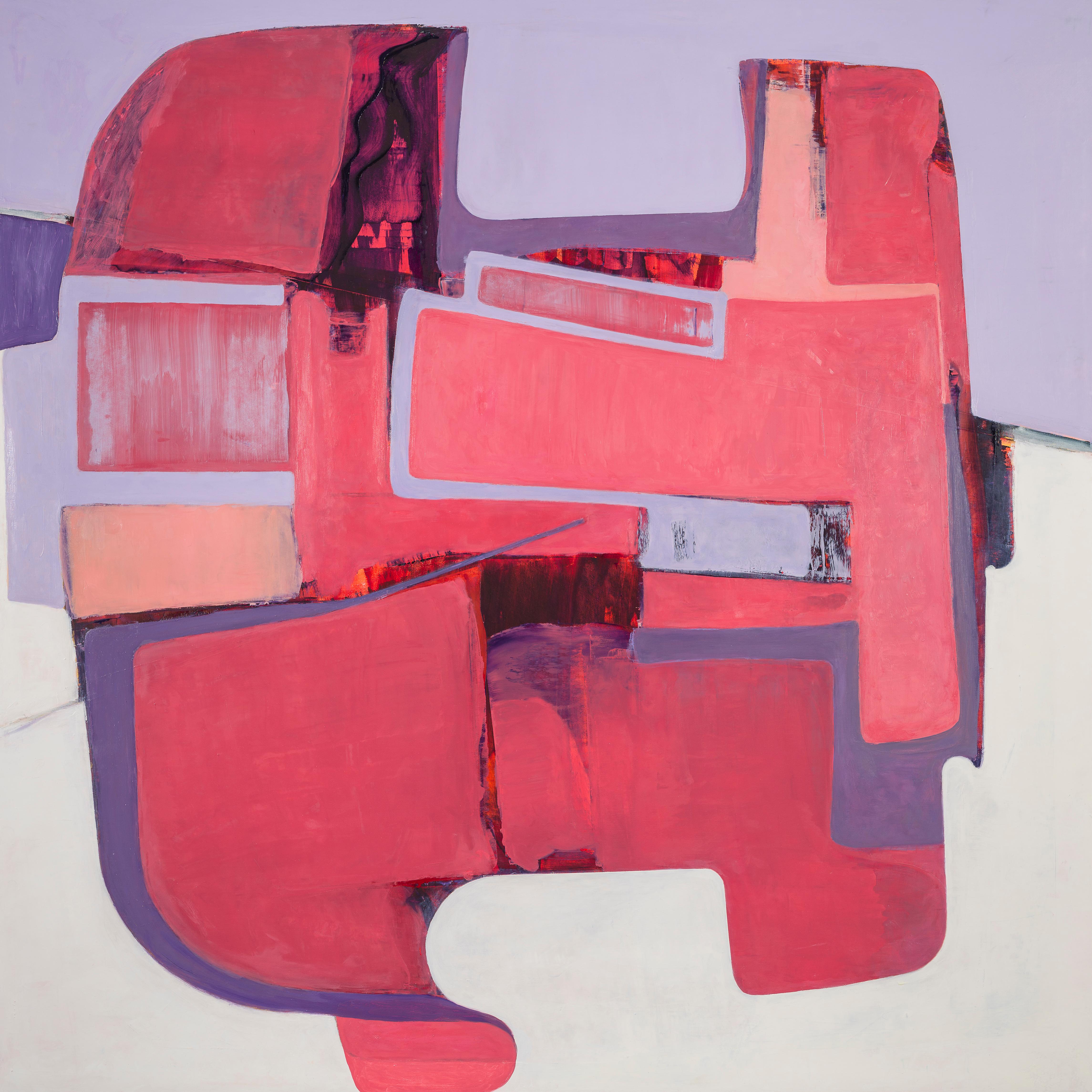 Fran Shalom
Headstrong, 2026
oil on canvas
40 x 40 in.
(sha110)

This abstract oil painting on canvas is bold, bright, and colorful, in highly saturated shades of red and orange set against a gray background.  Currently available at Kathryn Markel