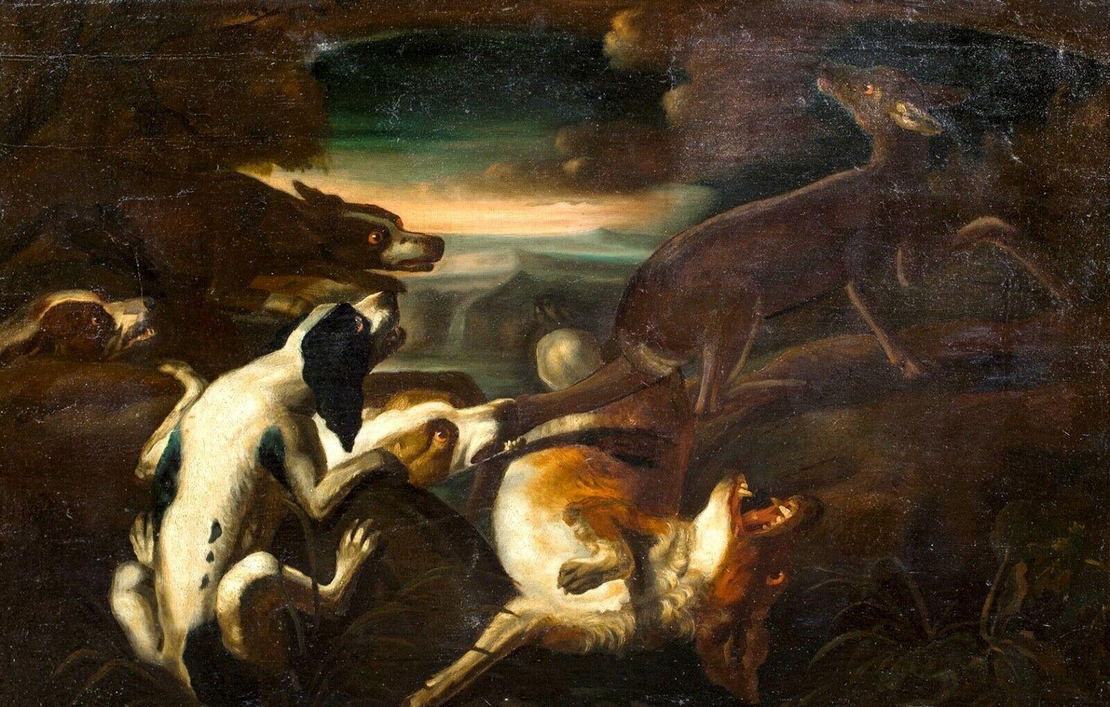 Hounds Hunting A Deer, 17th Century - Painting by Fran Snyders