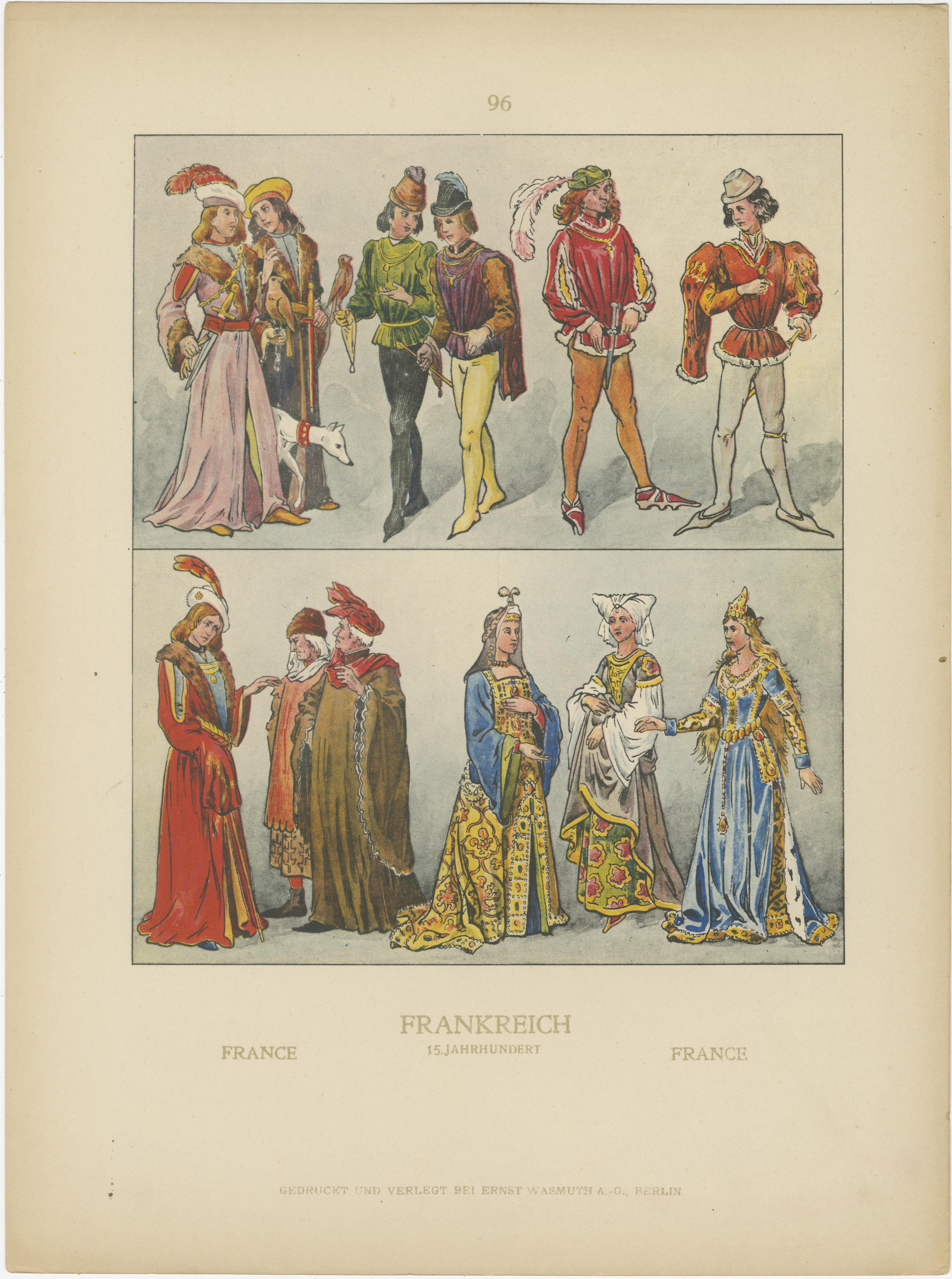 Frankreich 15. Jahrhundert, Paar antike handkolorierte Kostümdrucke

Dieses wunderschön aufeinander abgestimmte Paar handkolorierter Kostümtafeln bietet einen lebendigen und detaillierten Überblick über die französische Mode des 15. Jahrhunderts,