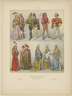 France 15th Century, Pair of Antique Hand-Colored Costume Prints, Published 1880