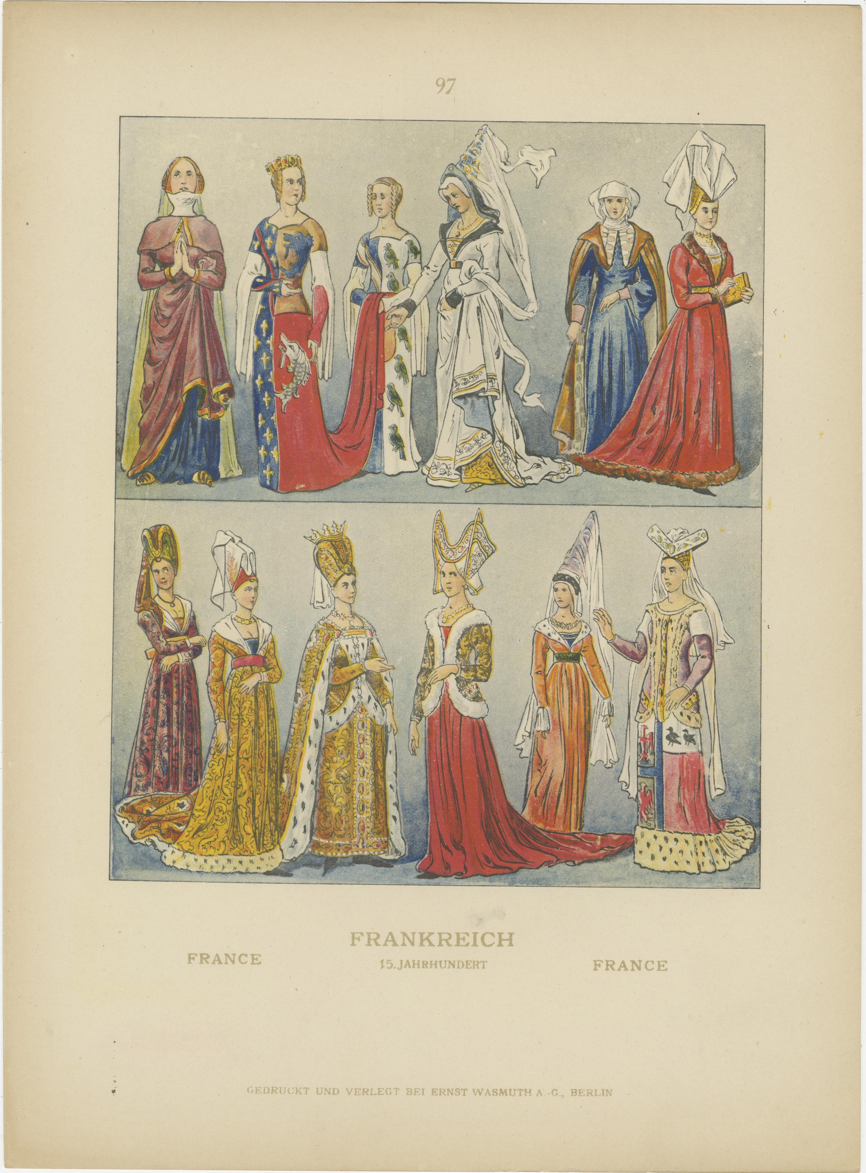Frankreich 15. Jahrhundert, Paar antike handkolorierte Kostümdrucke, veröffentlicht 1880 (Deutsch) im Angebot