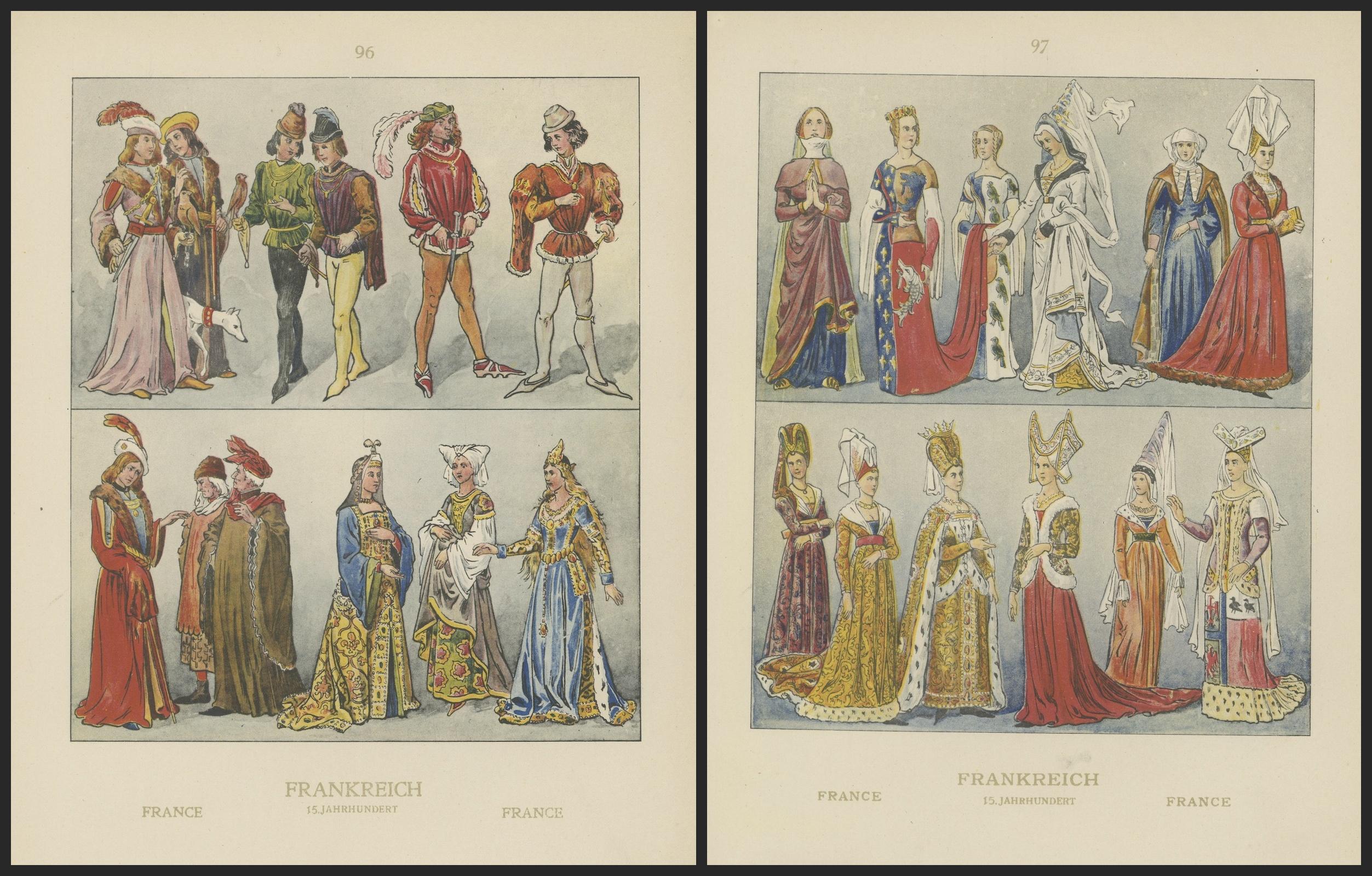 Frankreich 15. Jahrhundert, Paar antike handkolorierte Kostümdrucke, veröffentlicht 1880 im Angebot 2