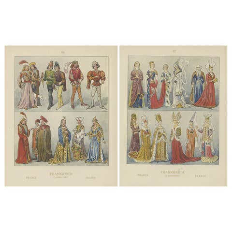 France 15th Century, Pair of Antique Hand-Colored Costume Prints, Published 1880