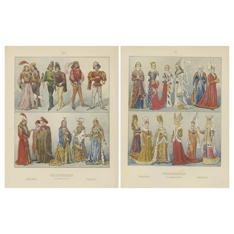 France 15th Century, Pair of Antique Hand-Colored Costume Prints, Published 1880