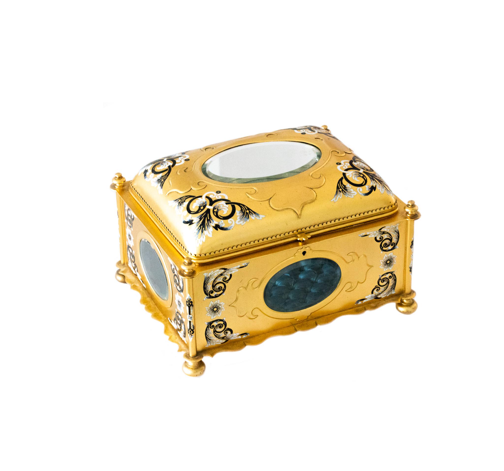 Beautiful French champleve cloisonne jewelry box.

An antique storage jewelry box case, made in Paris France during the Napoleon III, third empire period, circa 1860s. This magnificent highly decorated case, was crafted in solid ormolu bronze with