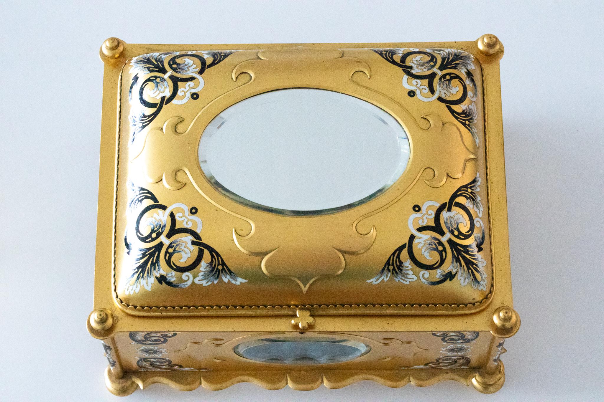 French France 1865 Etruscan Revival Ormolu Jewelry Box Case with Cloisonne Champleve