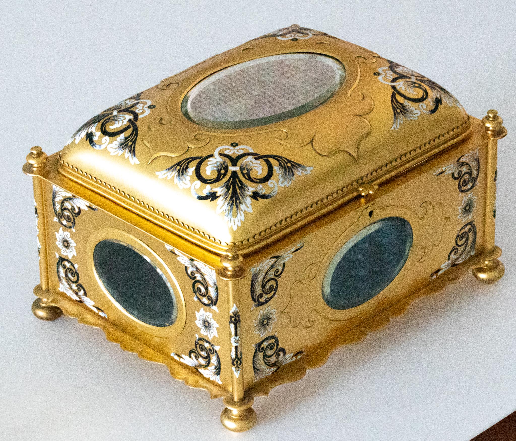 Mid-19th Century France 1865 Etruscan Revival Ormolu Jewelry Box Case with Cloisonne Champleve