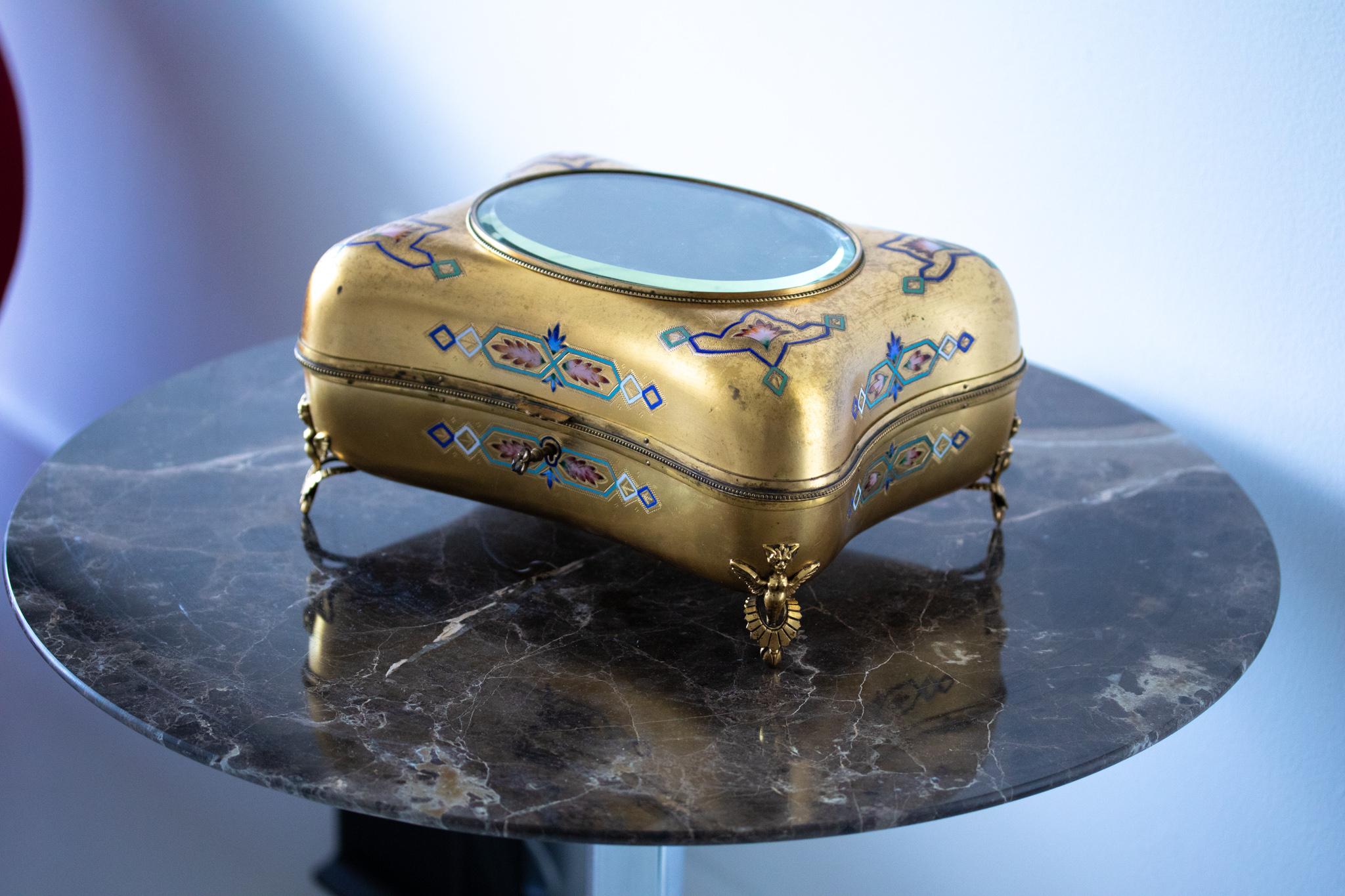 Bronze France 1870 Napoleon III Ormolu Box For Jewelry With Cloisonne Champleve Enamel