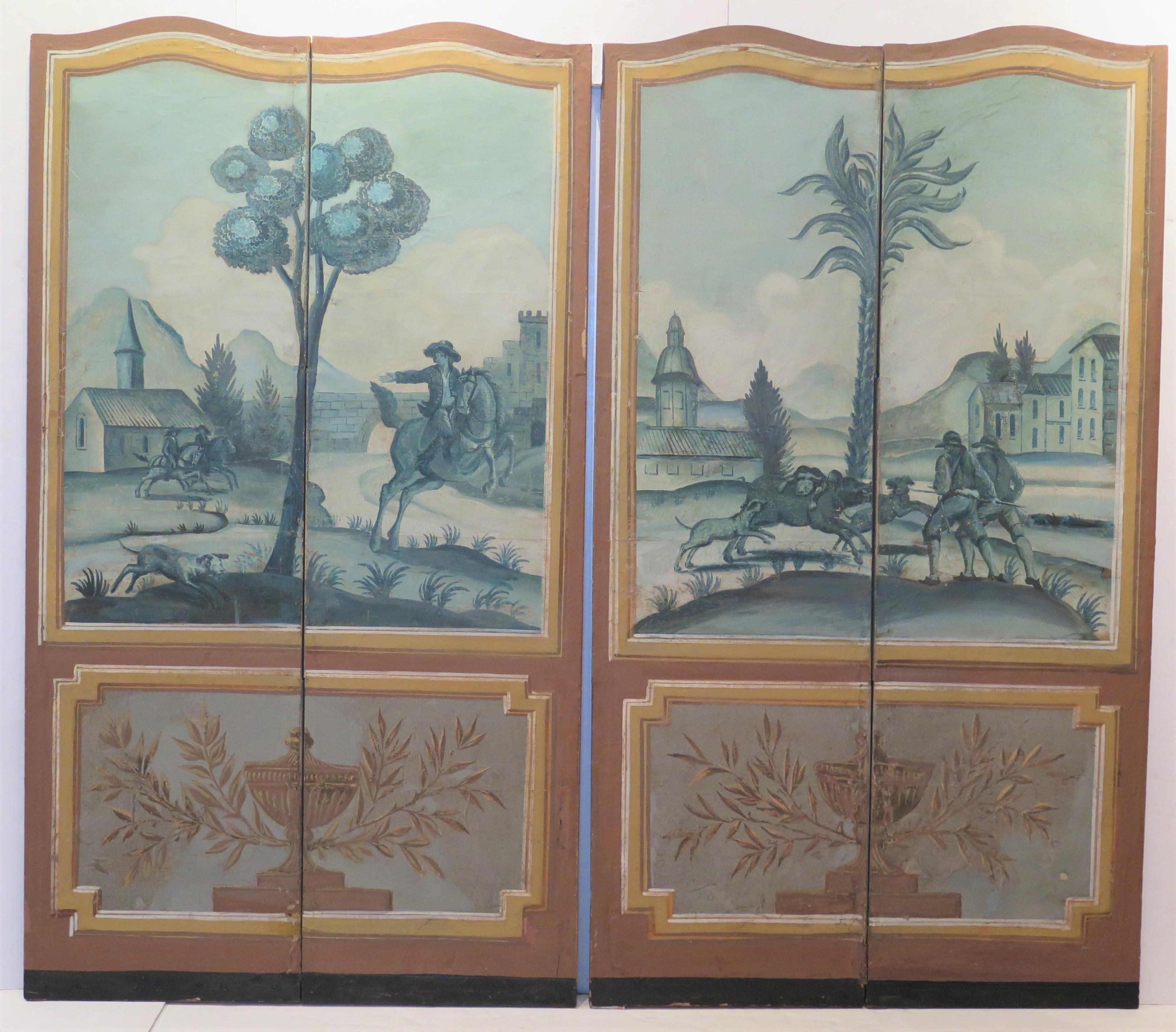 A Four Panel Screen With Arched Tops, Portion Painted In Gray-Blue, Depicting A Hunt Scene In Foreground With Men And Dogs Hunting A Boar; And Bottom Portion Of Panels Feature Larg Fluted Brown Urns, trimmed In Brown And Tan. Circa 18th Century. 