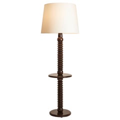 France 1950 Oak Turned Wood Floor Lamp and Nail Head Detail