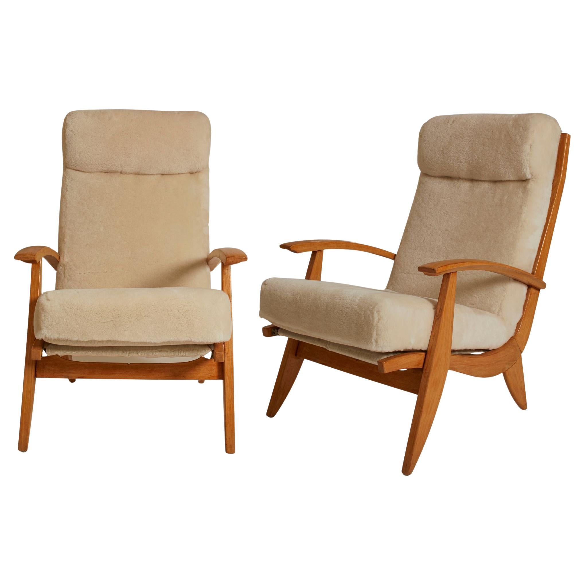 Mid Century Guy Besnard White Shearling Pair of Chairs, France 1950s