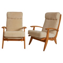 Mid Century Guy Besnard White Shearling Pair of Chairs, France 1950s