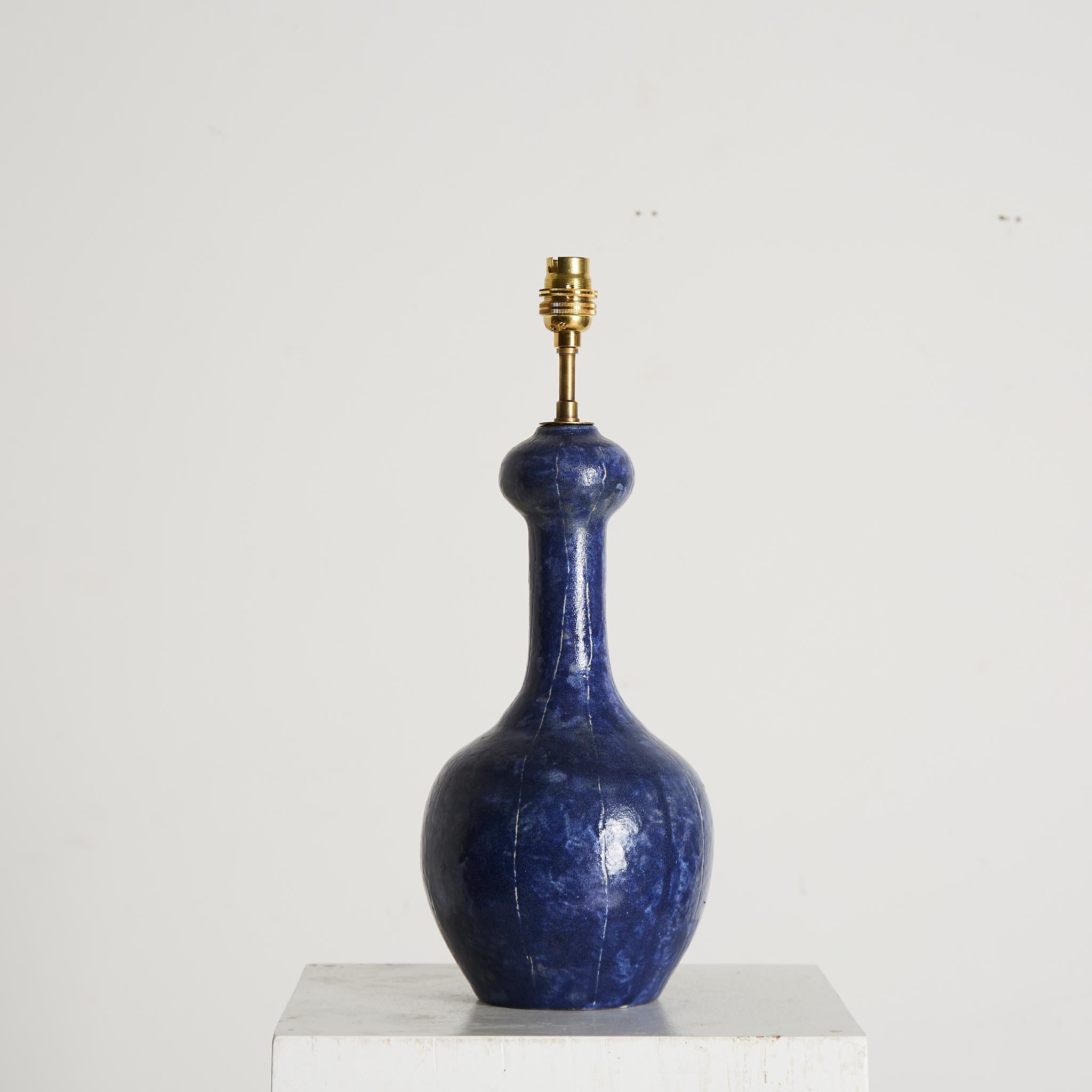 Impressionist Cobalt Glazed Table Lamp, 1950s French In Good Condition For Sale In London, England