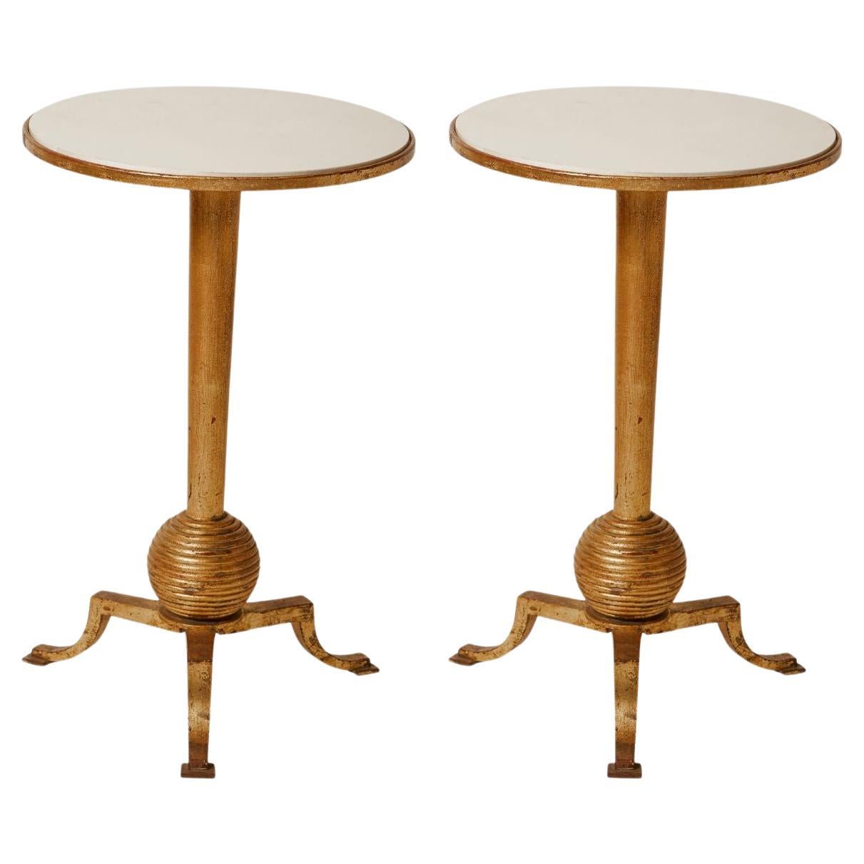 France 1960's Pair of Gilded Wood & Metal Tables with Parchment Tops For Sale