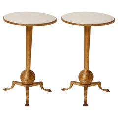 Vintage France 1960's Pair of Gilded Wood & Metal Tables with Parchment Tops