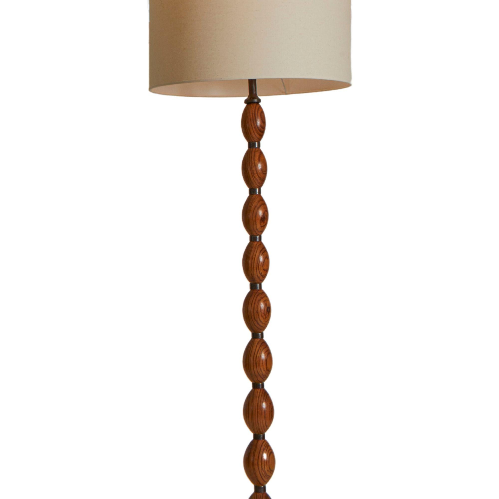 French Mid Century Carved Walnut & Bronze Detail Floor Lamp, France 1960s For Sale