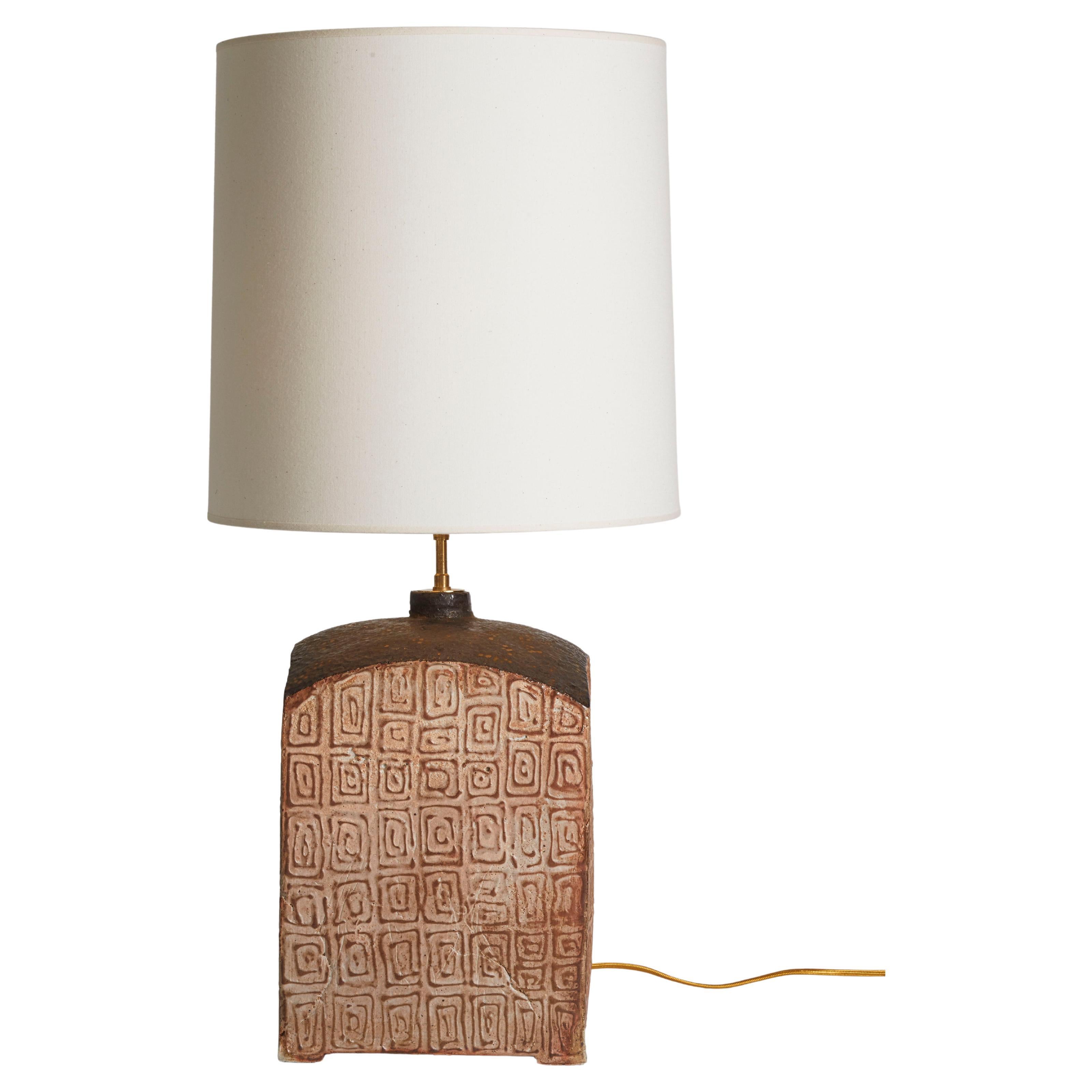 Etched & Gilded Earthtone-Keramiklampe aus der Mitte des Jahrhunderts, Frankreich 1970er Jahre