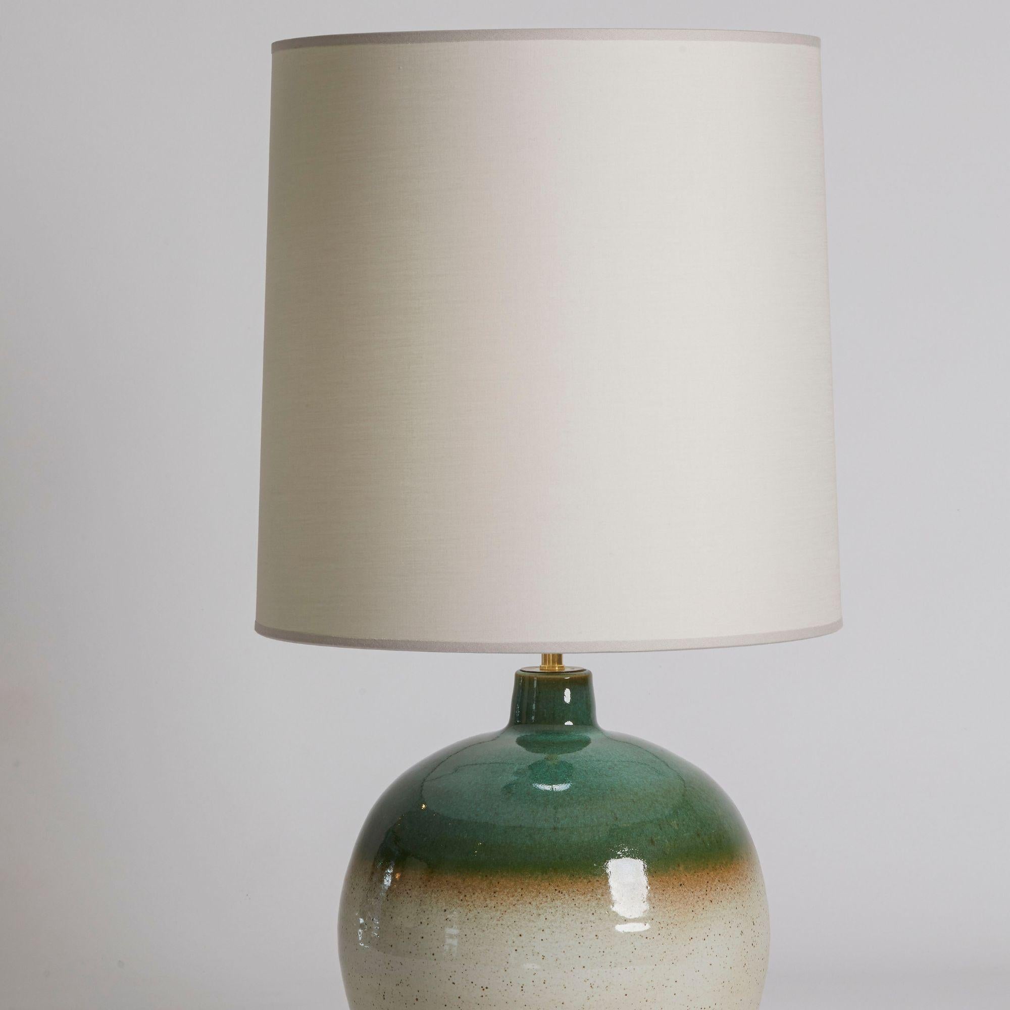 France 1970's green & earth tone pottery lamp with custom shade