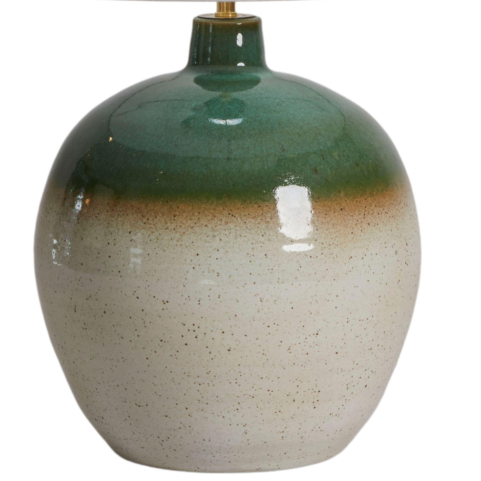 French Mid Century Green & Earthtone Pottery Lamp, France 1970s For Sale