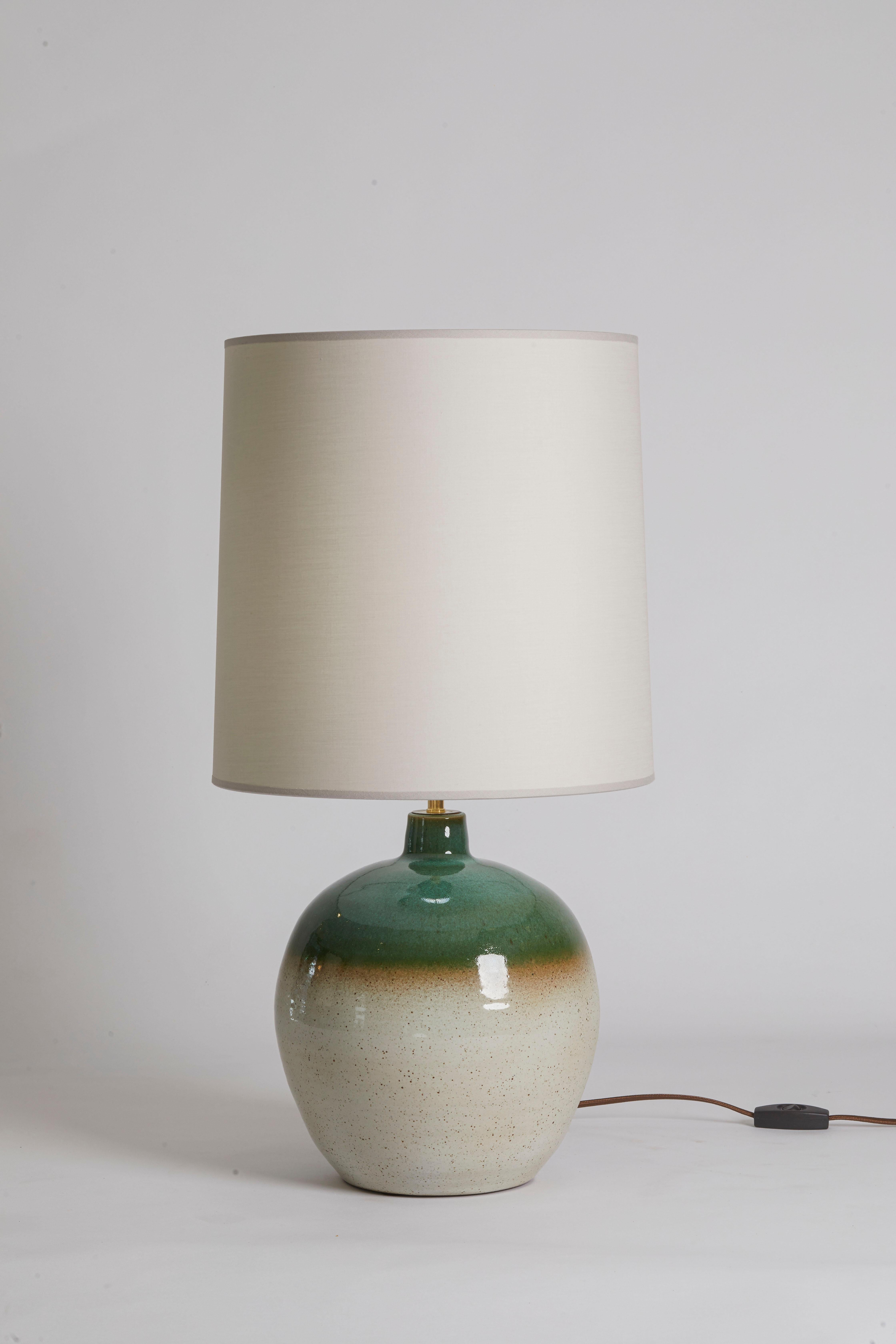 Late 20th Century Mid Century Green & Earthtone Pottery Lamp, France 1970s For Sale