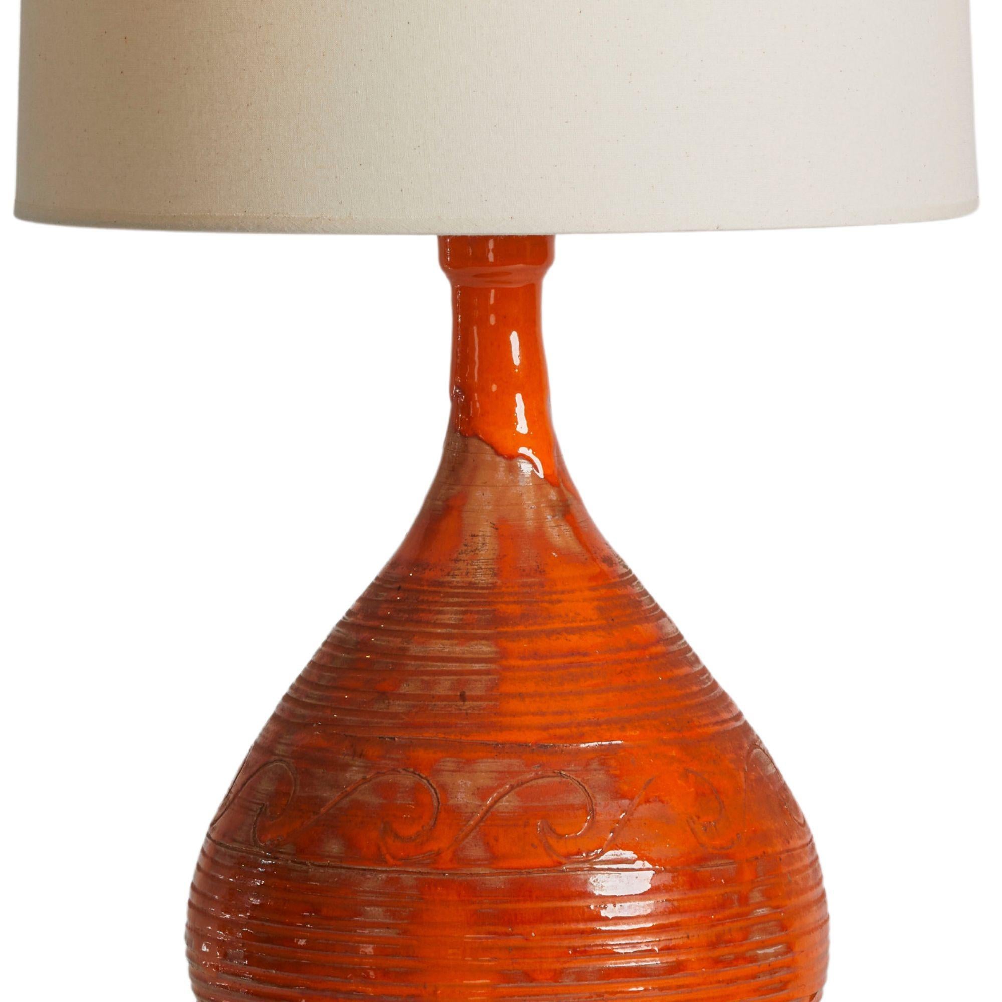 France 1970's Orange & Mud pottery lamp