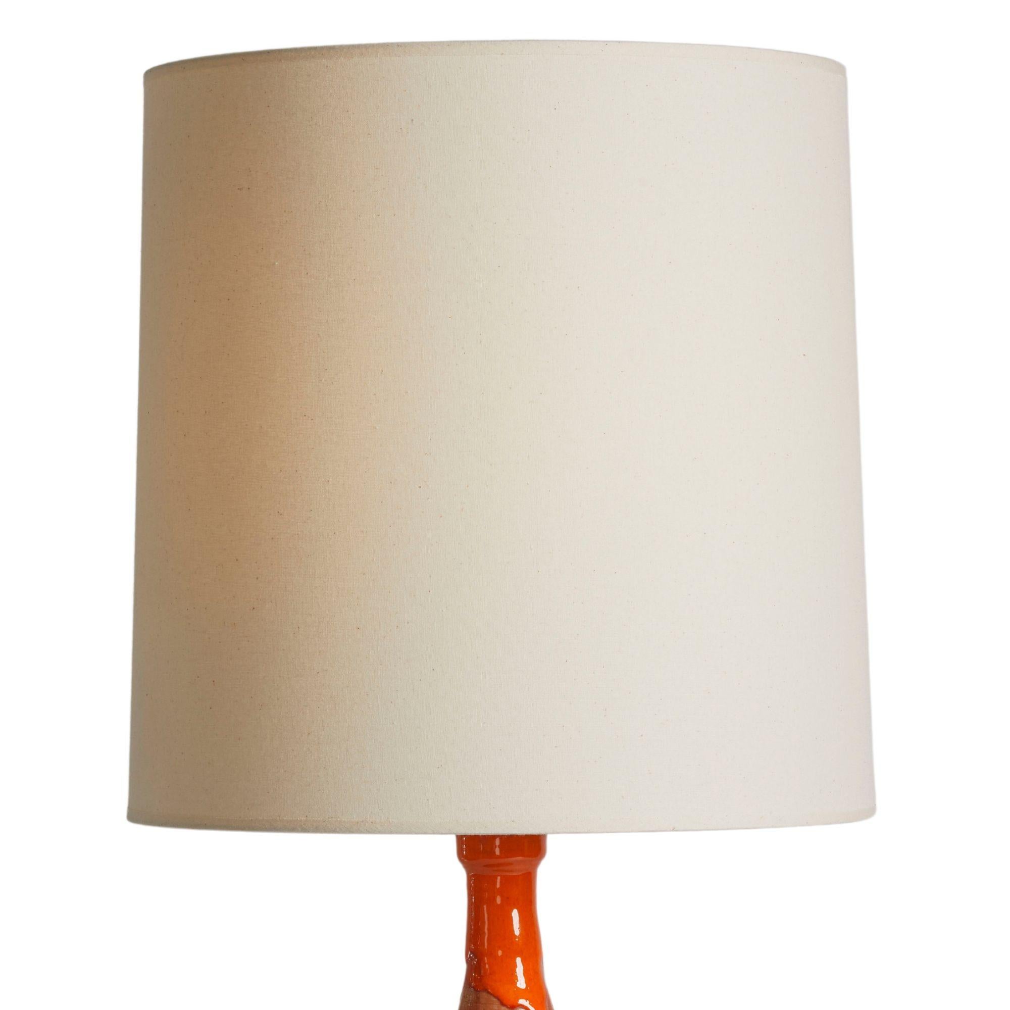Late 20th Century Mid Century Orange & Mud Colored Pottery Lamp, France 1970s For Sale