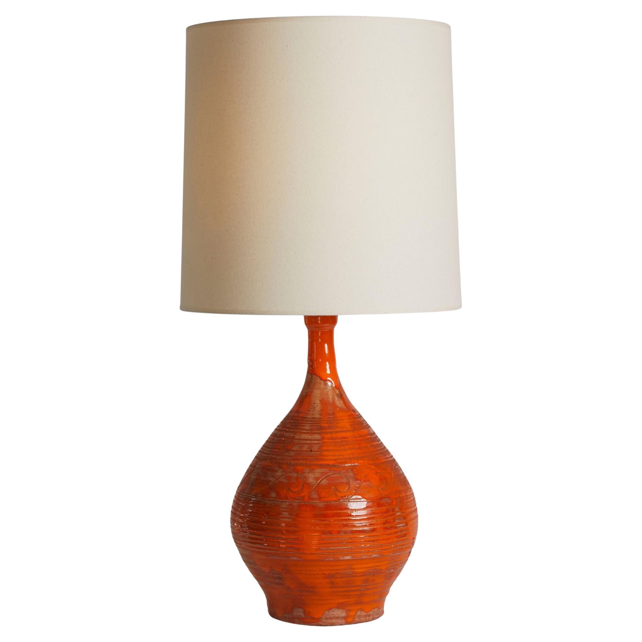 Mid Century Orange & Mud Colored Pottery Lamp, France 1970s For Sale