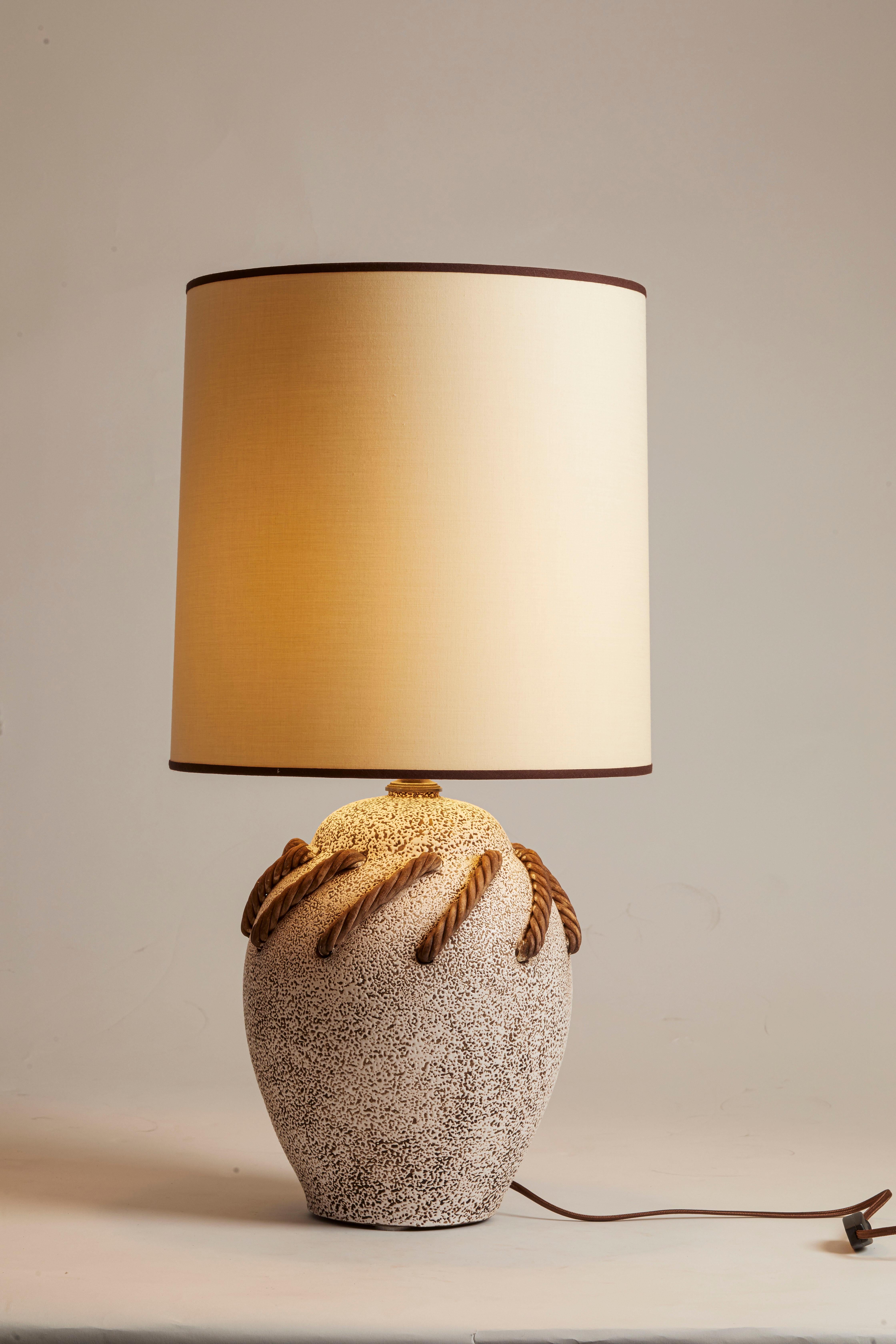Late 20th Century France 1970's Volcanic Pottery Lamp with Rope Detail For Sale