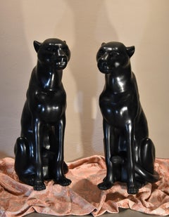 Large Black Panthers Couple Bronze (y. Mongnez) France 20th Century